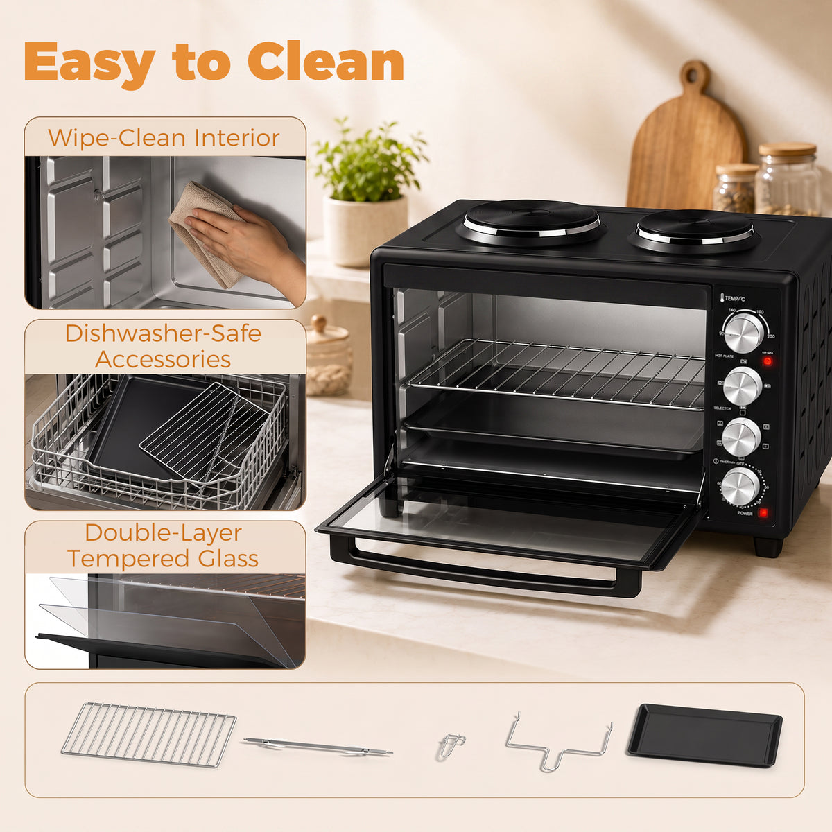 Mini-Four avec 2 Plaques de Cuisson et Broche Rotative 46L 2850 W, Four à Convection Multifonction, Minuterie, Noir-8