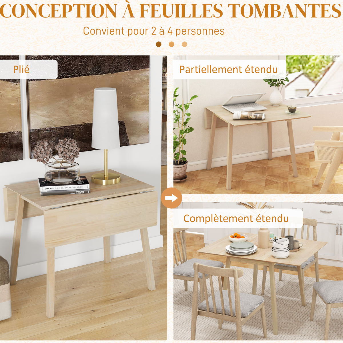 Table de cuisine pliable table à manger pliante avec plateau rabattable en bois pour 2 à 4 personnes bois naturel-3