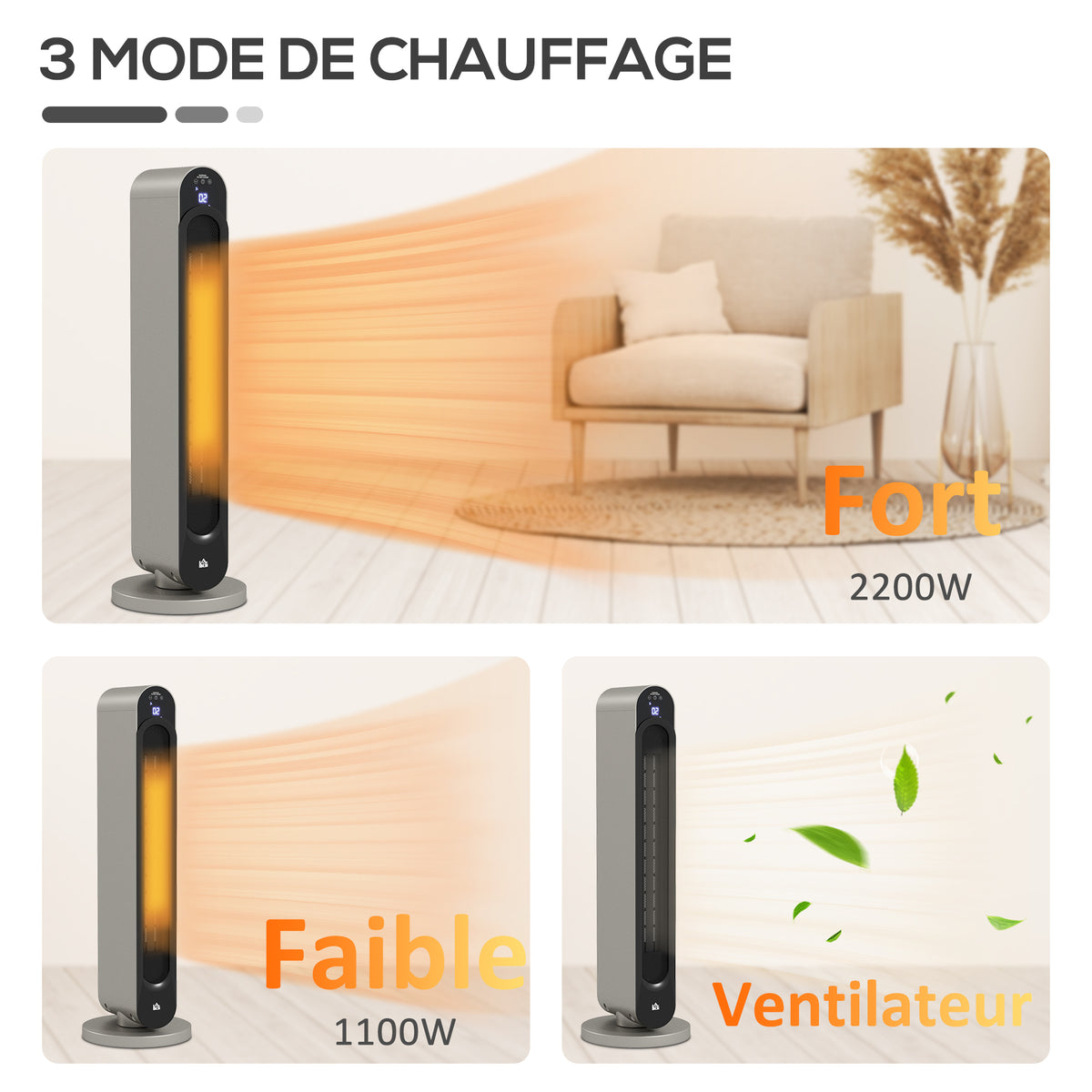 Chauffage soufflant oscillant 1100/2200 W - mini radiateur céramique PTC - télécommande incluse - chauffage d'appoint-8