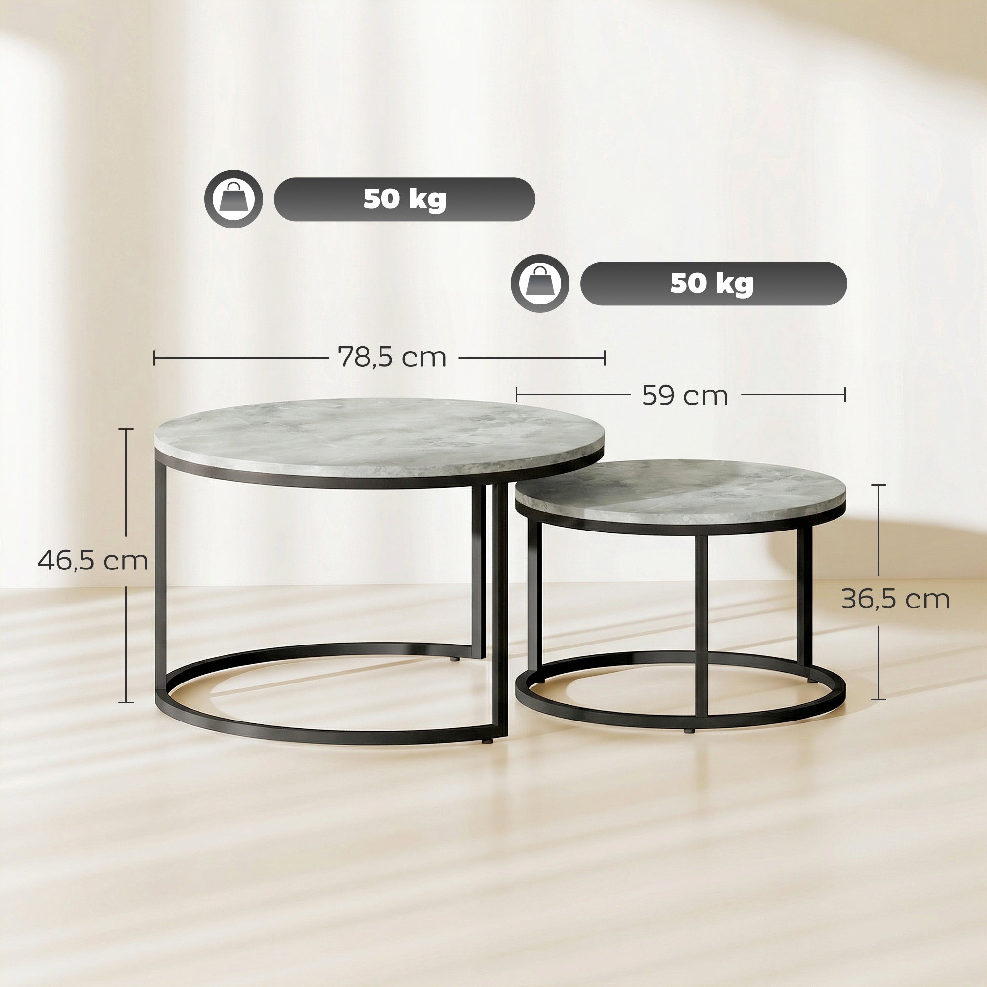 Lot de 2 tables basses gigognes empilable design industriel pieds en métal gris-2