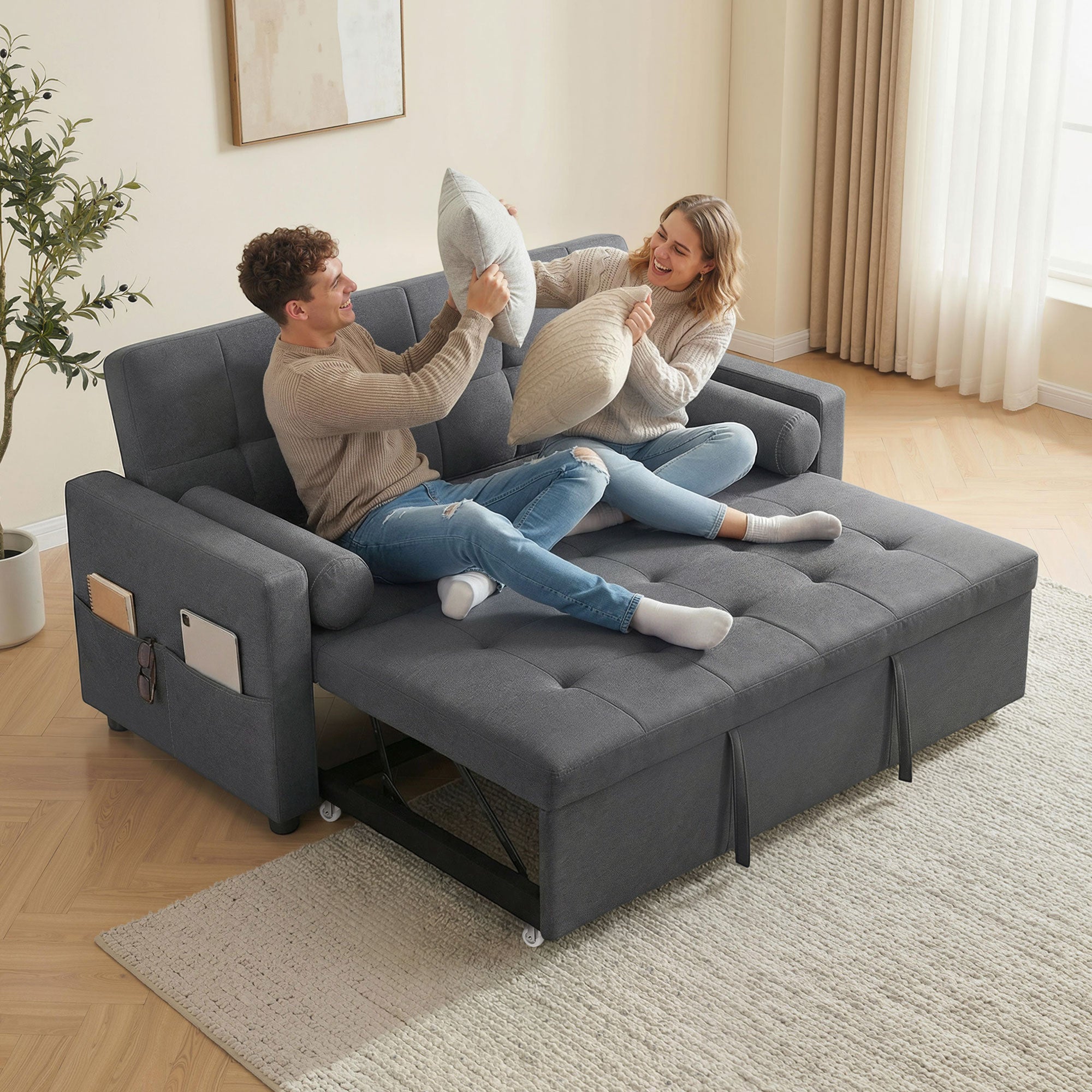 Canapé convertible 2 places 3 en 1 canapé-lit avec lit gigogne double dossier réglable 2 coussins 80,5x137,5x84cm gris-7