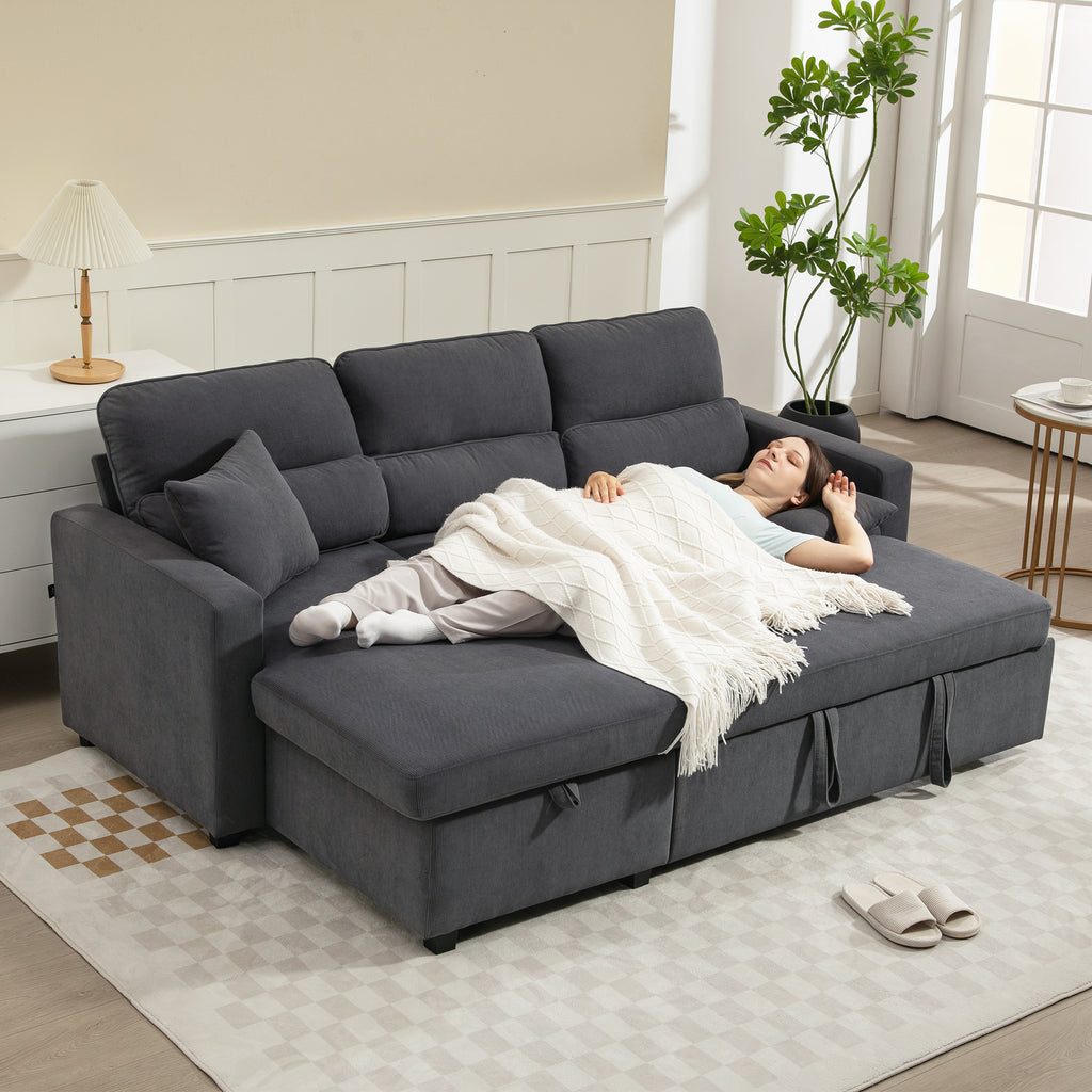 Canapé d'angle convertible en velours côtelé, canapé-lit 3 places avec rangement caché, coussins, 205x135x76cm, gris-8