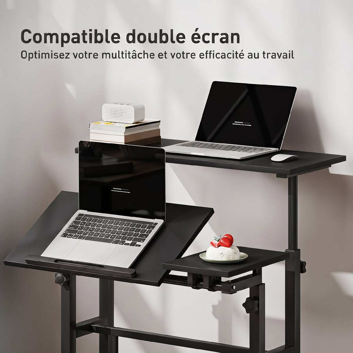 Bureau assis debout bureau réglable en hauteur 70 x 60 cm à roulettes avec plateau inclinable cadre en métal noir-6
