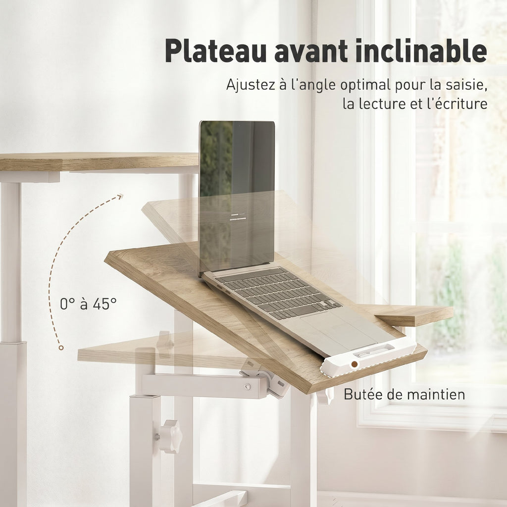 Bureau assis debout bureau réglable en hauteur 70 x 60 cm à roulettes avec plateau inclinable cadre en métal marron-4