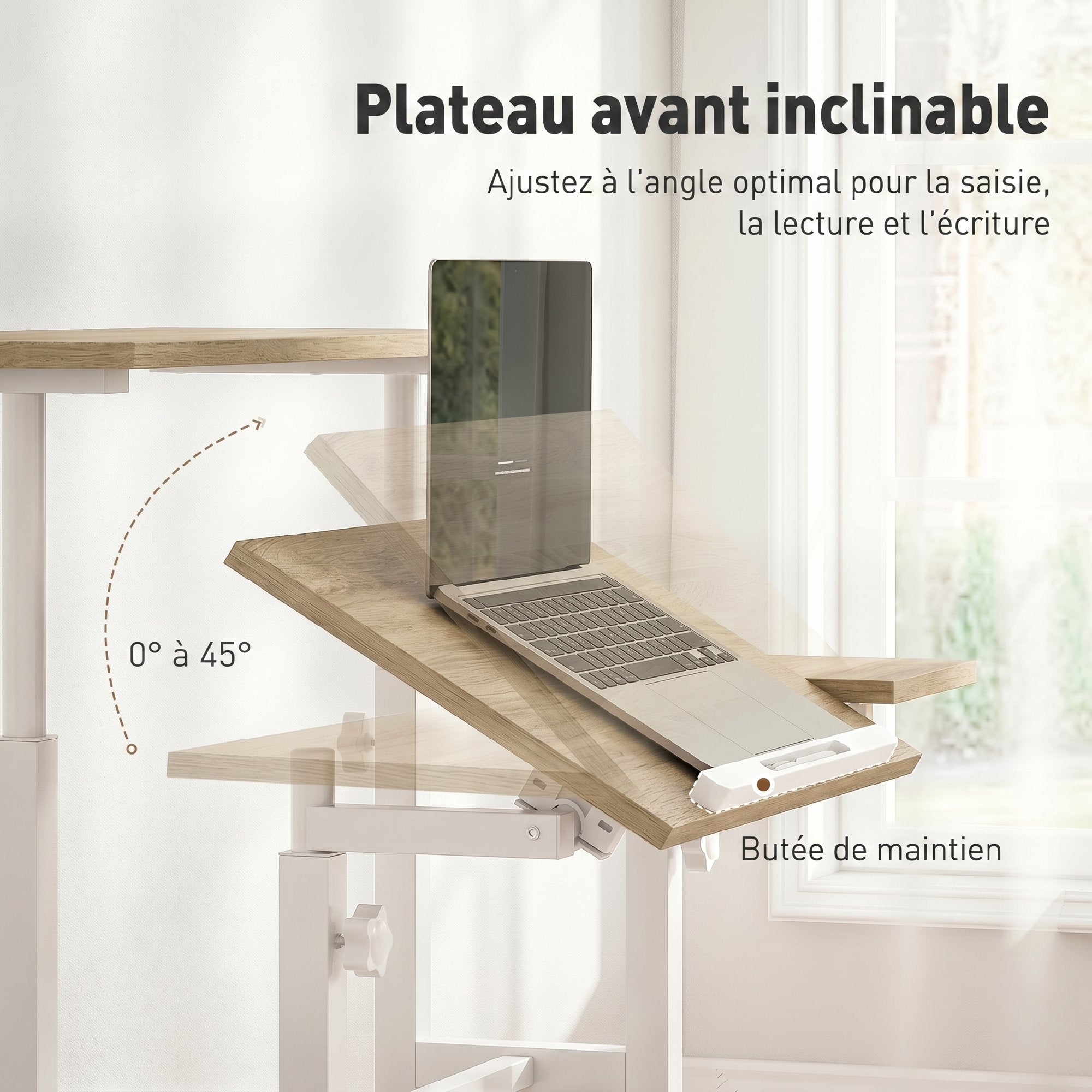 Bureau assis debout bureau réglable en hauteur 70 x 60 cm à roulettes avec plateau inclinable cadre en métal marron-4