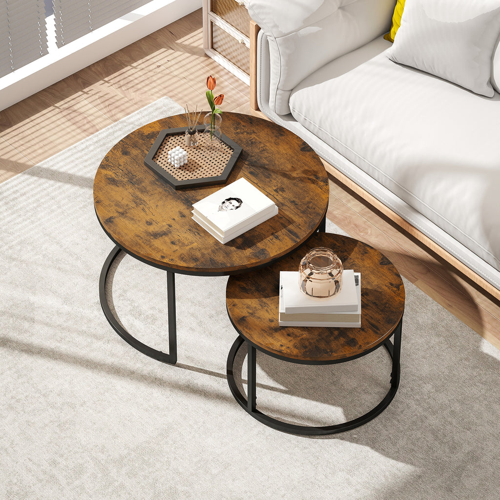 Lot de 2 tables basses gigognes empilable design industriel plateau imitation ciment pieds en métal brun rustique-7