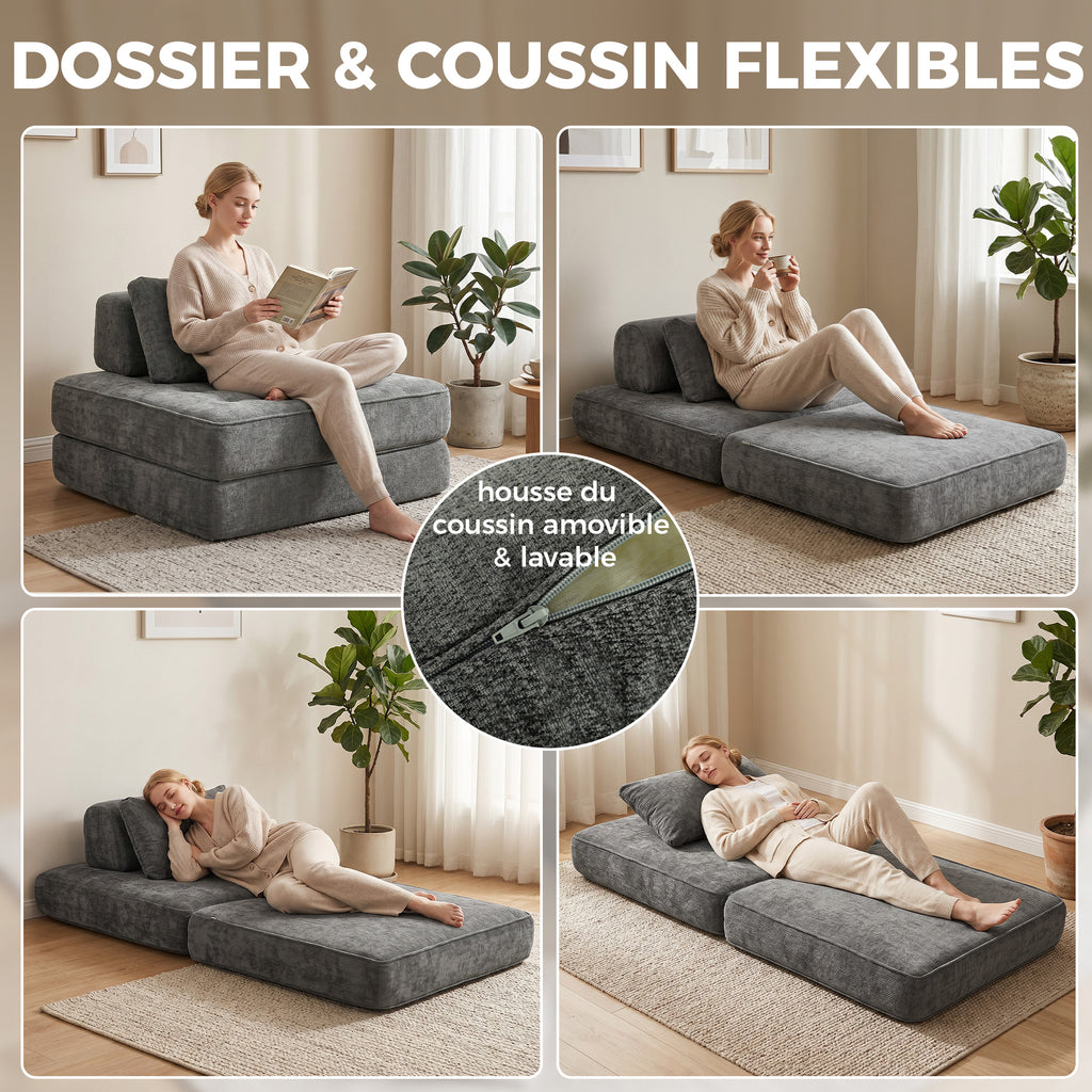 Canapé-lit pliant 2 en 1, chauffeuse 1 place, convertible en chenille, coussin épais, dossier et oreiller, gris-6