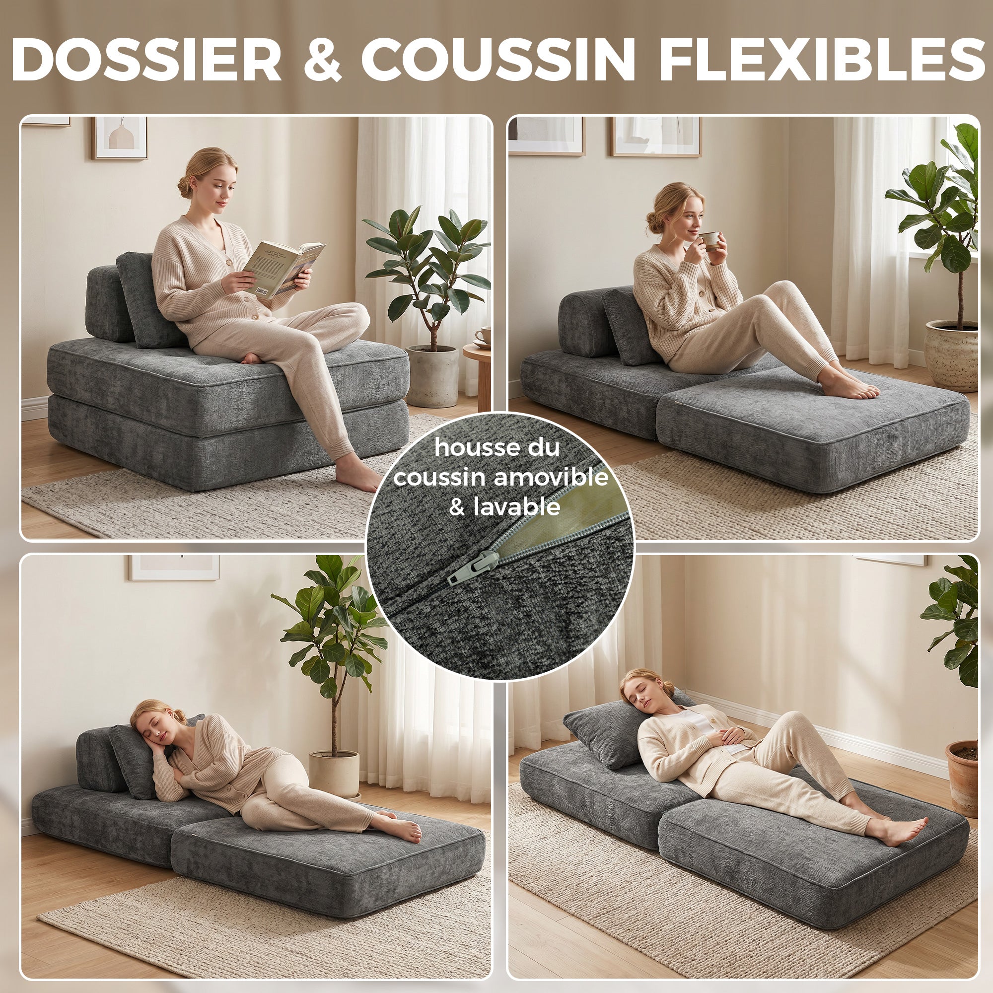 Canapé-lit pliant 2 en 1, chauffeuse 1 place, convertible en chenille, coussin épais, dossier et oreiller, gris-6
