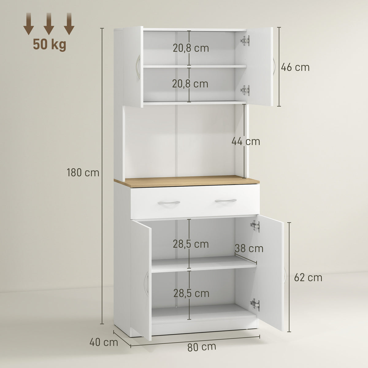 Buffet haut cuisine, armoire de cuisine, 4 portes, tiroir, plan de travail et étagères réglables, 80x40x180cm, blanc-2