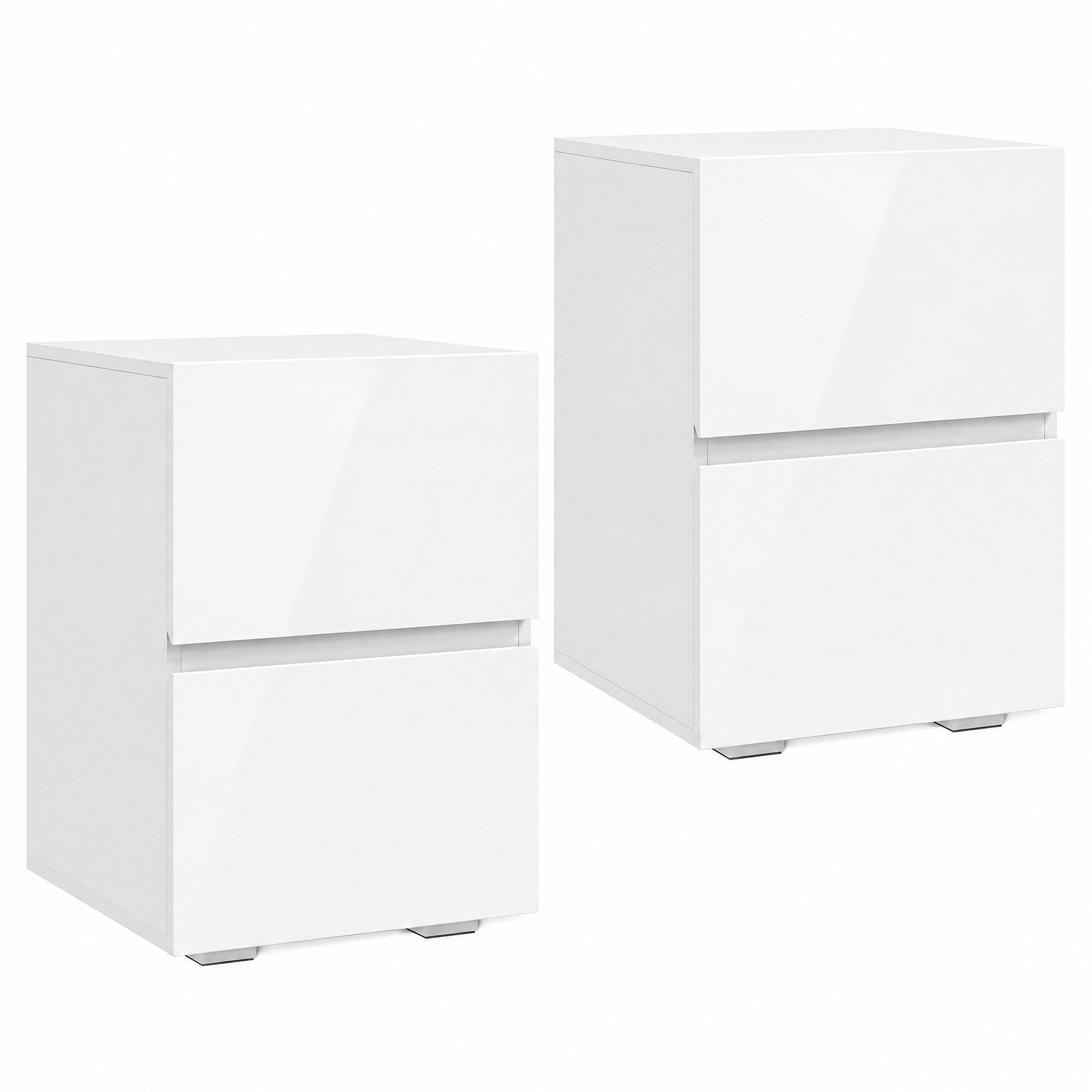 Lot de 2 Tables de Chevet, Tables d'Appoint avec 2 Tiroirs, Façades à Haute Brillance, Plateau Large, 40x40x58cm, Blanc-0