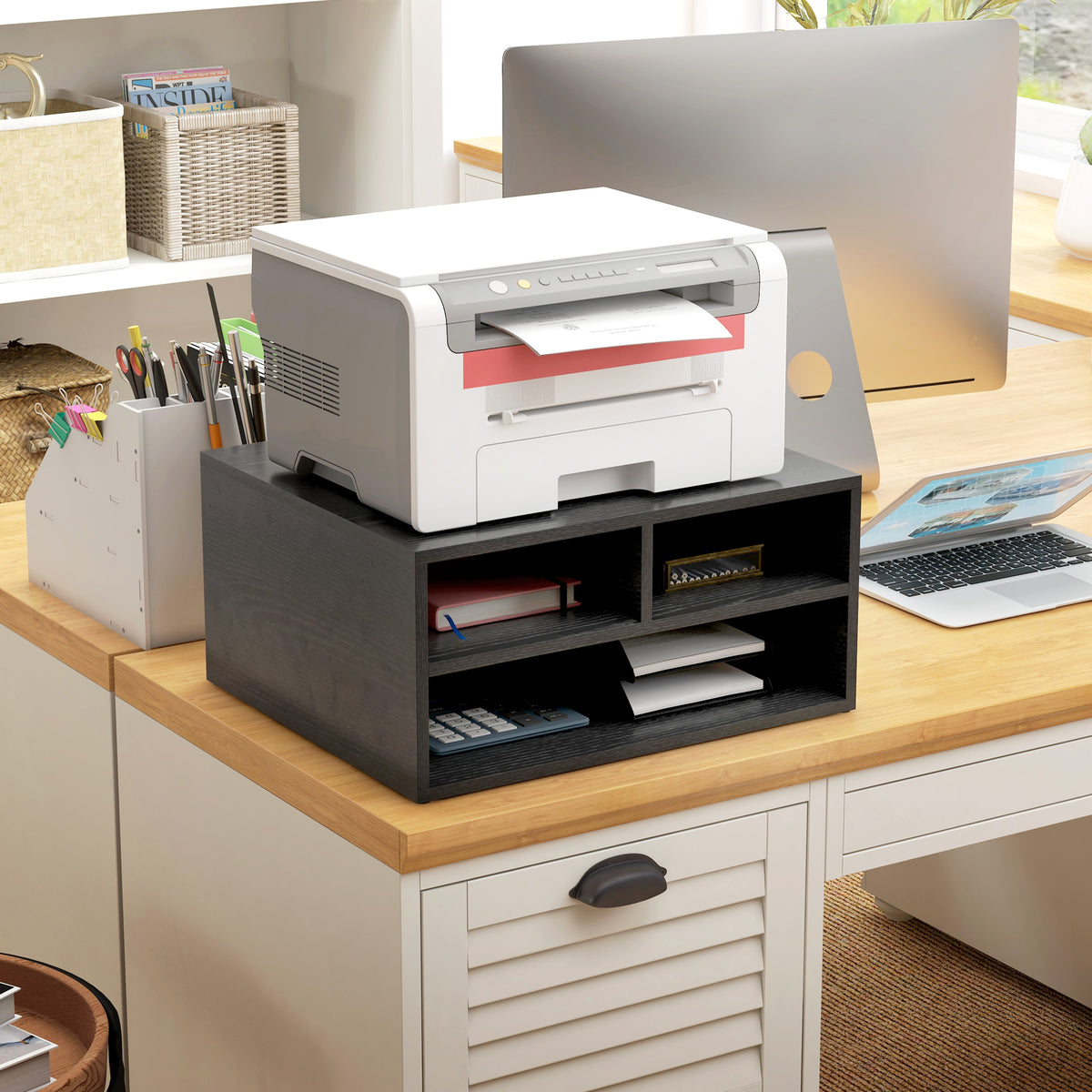 Organiseur bureau aspect noir avec 3 compartiments fournitures support d'imprimante 47 x 40 x 22,5 cm-1