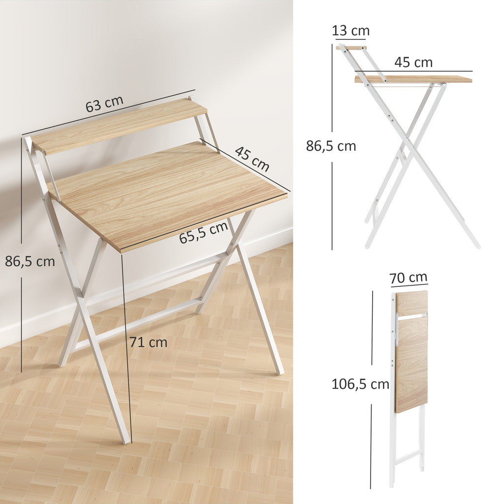 Bureau pliable 65,5 x 45 cm avec étagère de rangement pour chambre, petits espaces, bois naturel-2