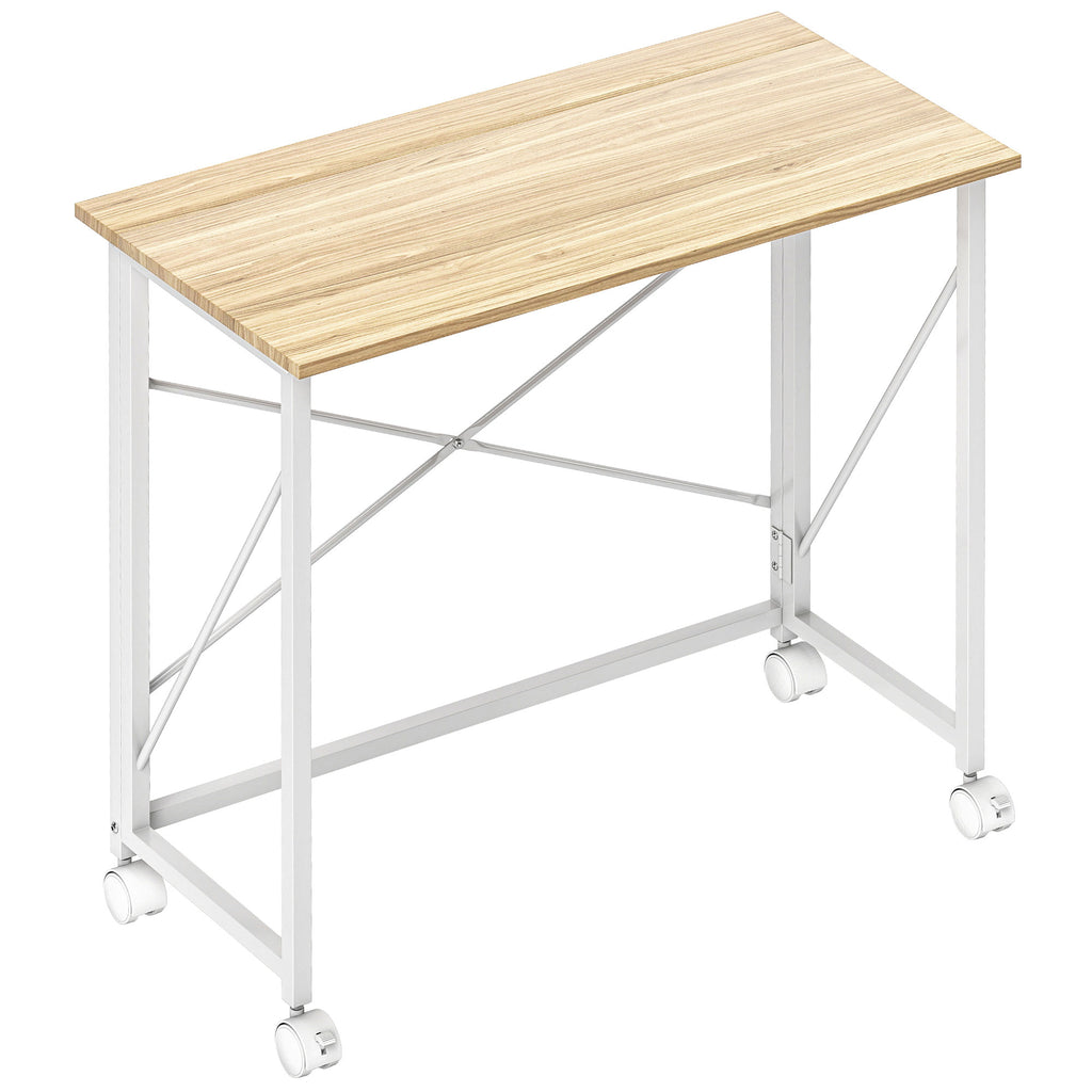 Bureau pliant table d'ordinateur 80 x 40 cm sur roulettes pour bureau à domicile, chambre, petits espaces, chêne-0