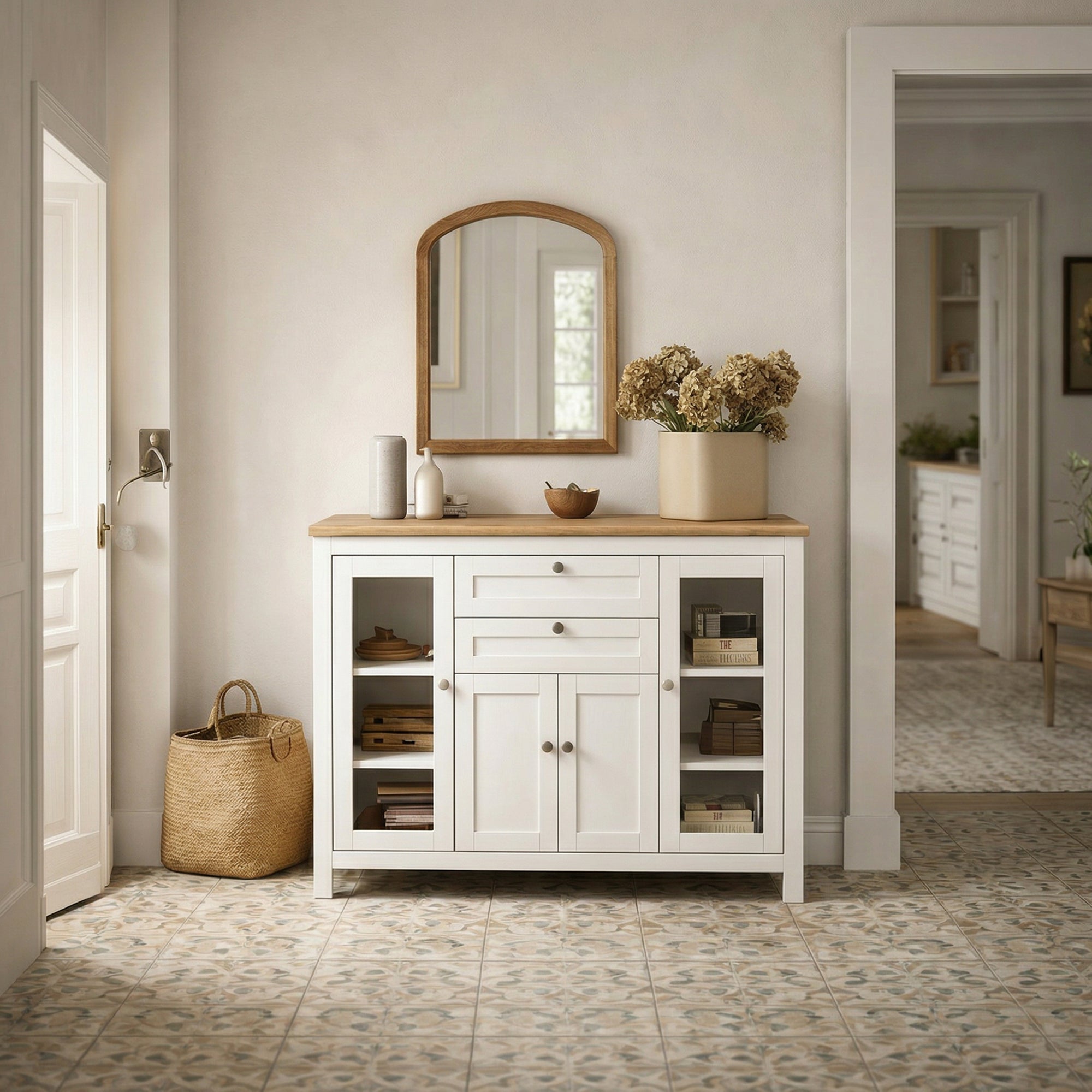 Buffet salon, meuble de rangement avec 1 placard double porte, 2 placards à porte vitrée, 2 tiroirs et étagère réglable, style moderne, buffet salle à manger et cuisine, 120x40x90cm, blanc-1