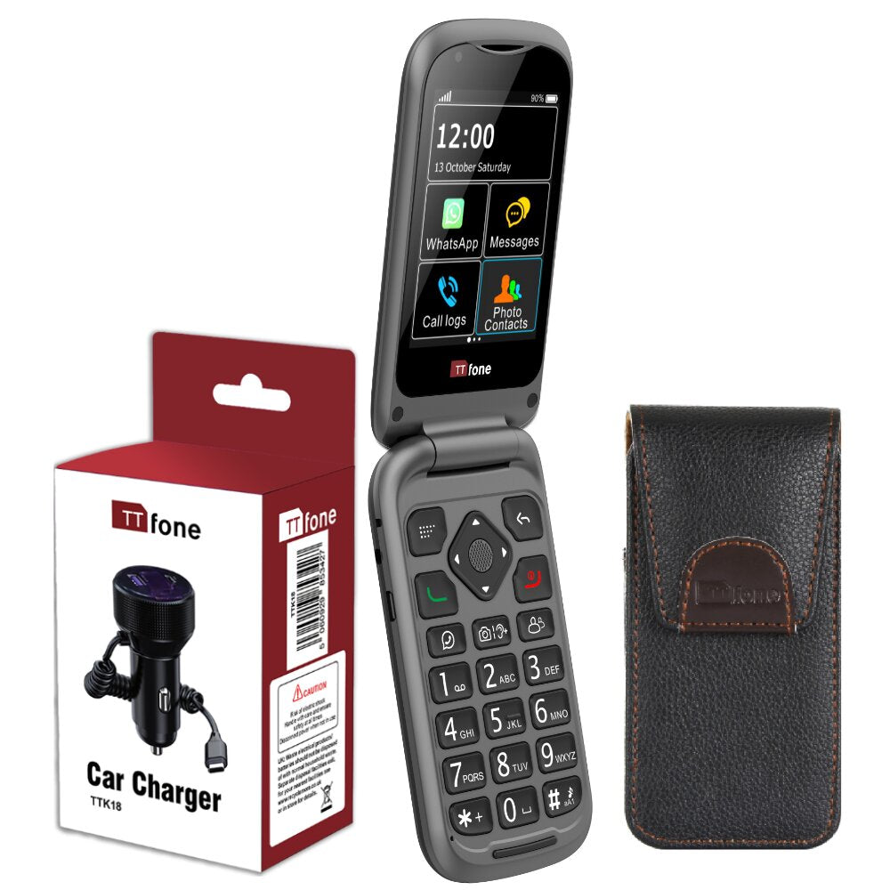 Bundle offer for TTfone TT970 4G WhatsApp Flip Big Button Senior Mobile with Nylon Holster Case (TTCB9) and Car Charger (TTCC), EE Pay As You Go-0