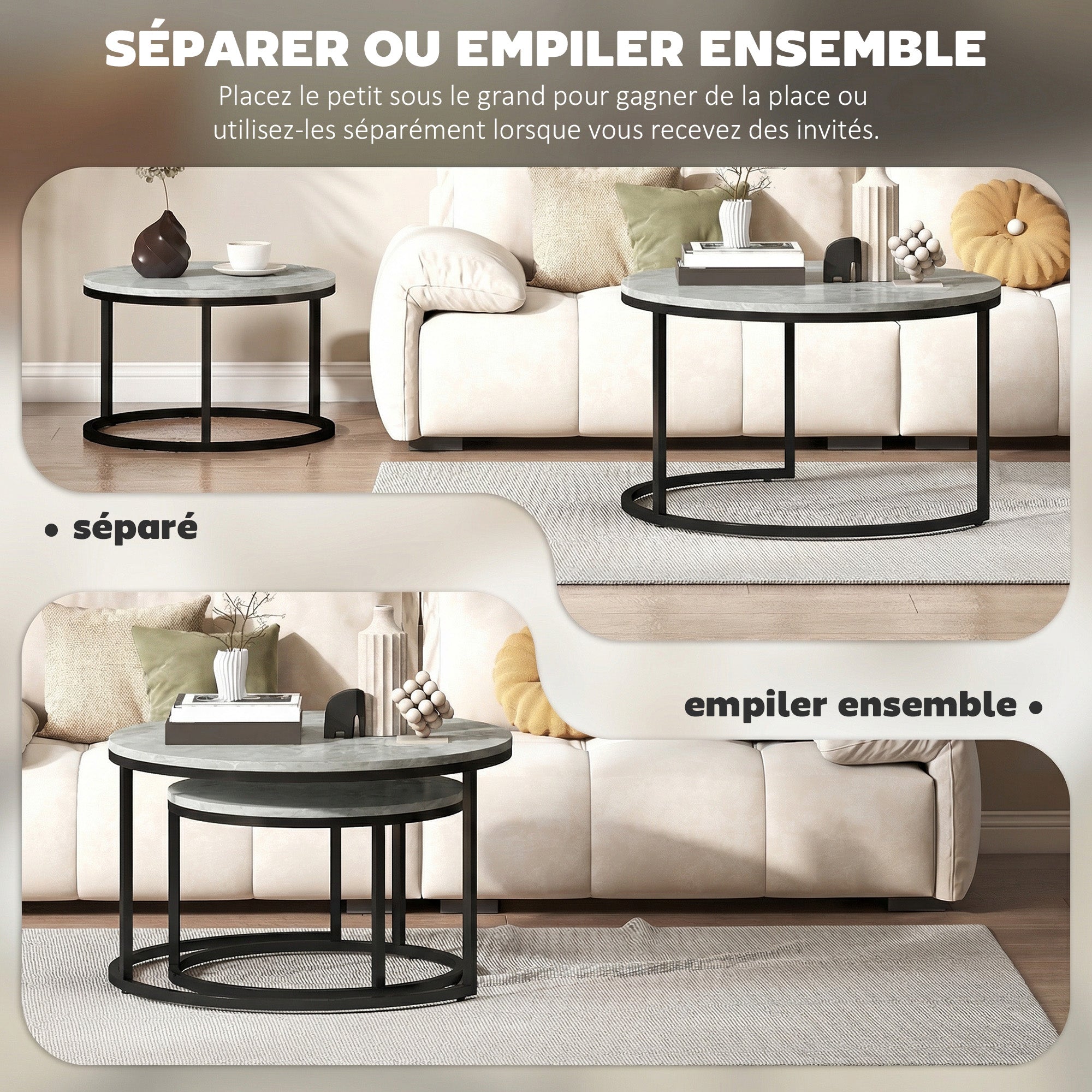 Lot de 2 tables basses gigognes empilable design industriel pieds en métal gris-4