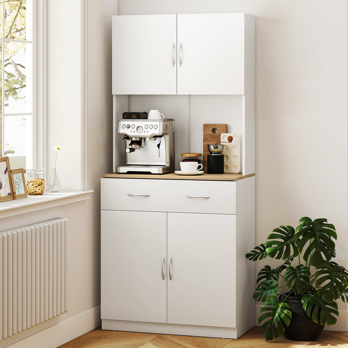 Buffet haut cuisine, armoire de cuisine, 4 portes, tiroir, plan de travail et étagères réglables, 80x40x180cm, blanc-7