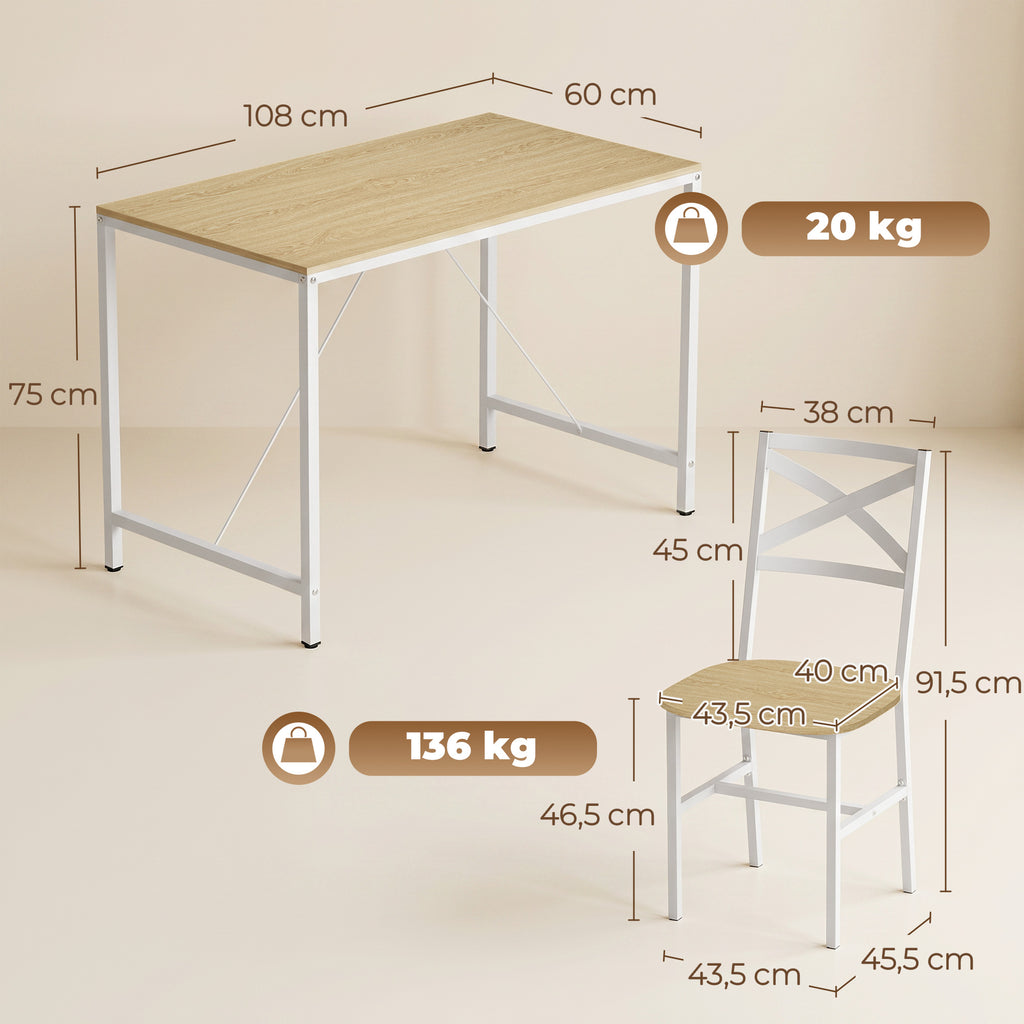 Ensemble Table Salle à Manger avec 4 Chaises, Table de Cuisine avec Chaises pour 4 Personnes, Bois Naturel et Blanc-2