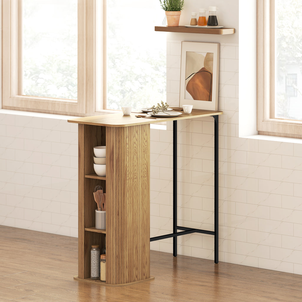 Table Haute Mange Debout, Table de Bar avec 3 Étagères de Rangement et Pieds en Métal, 112x50x106cm, Bois Naturel-7