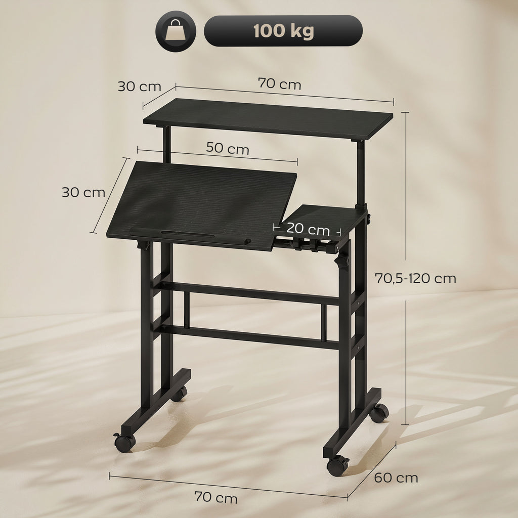 Bureau assis debout bureau réglable en hauteur 70 x 60 cm à roulettes avec plateau inclinable cadre en métal noir-2
