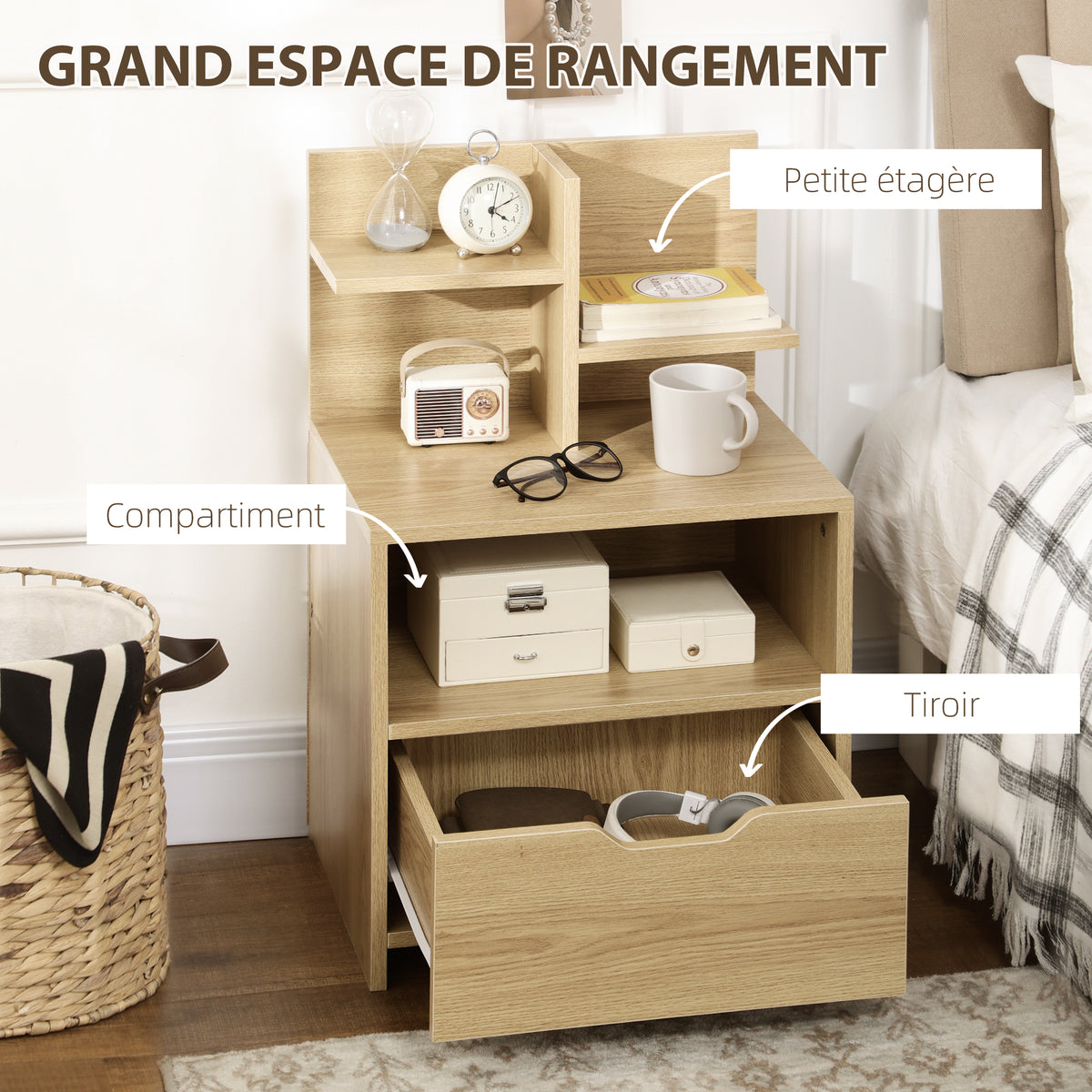 Table de chevet table de nuit avec tiroir, niche et étagères de rangement effet bois 45 x 35 x 73 cm naturel-4