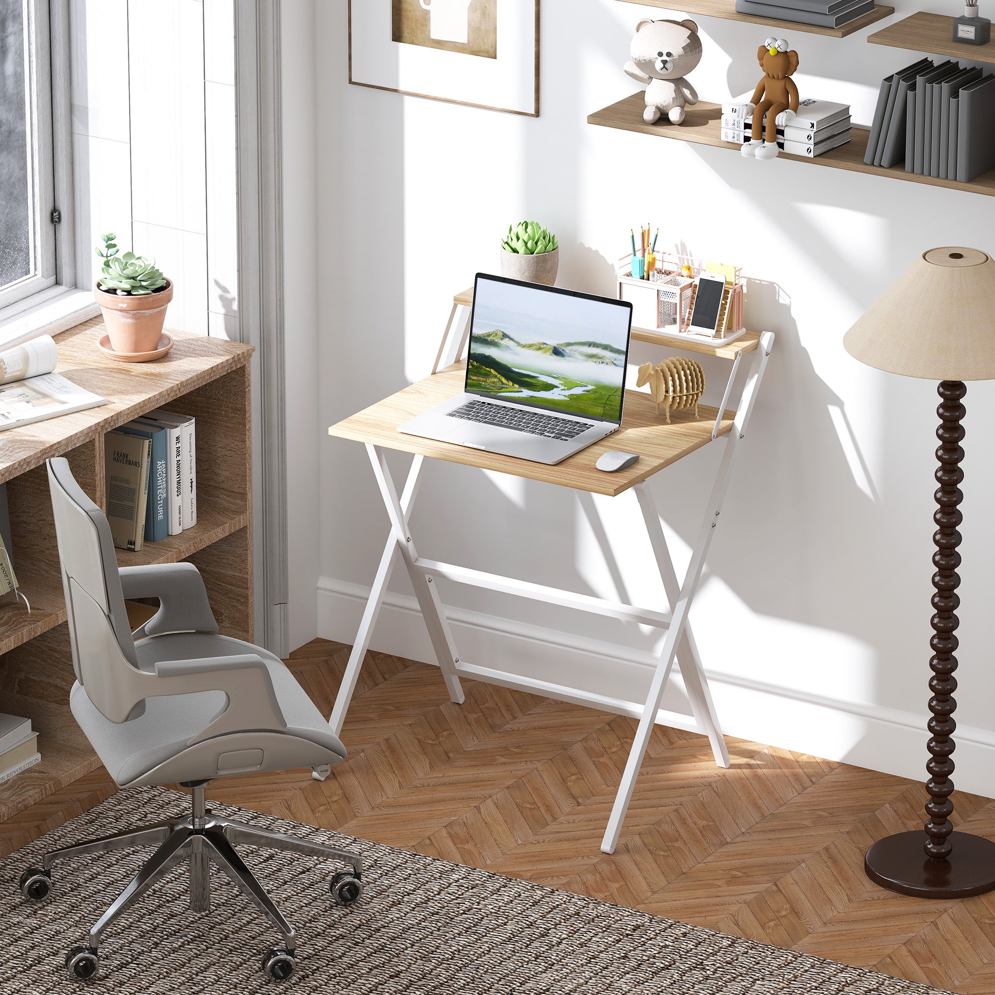 Bureau pliable 65,5 x 45 cm avec étagère de rangement pour chambre, petits espaces, bois naturel-8