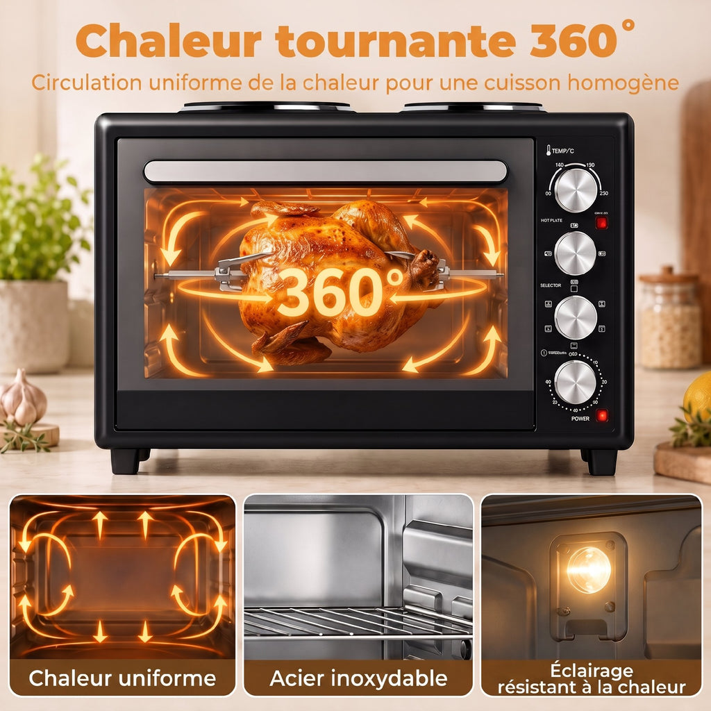 Mini-Four avec 2 Plaques de Cuisson et Broche Rotative 46L 2850 W, Four à Convection Multifonction, Minuterie, Noir-5
