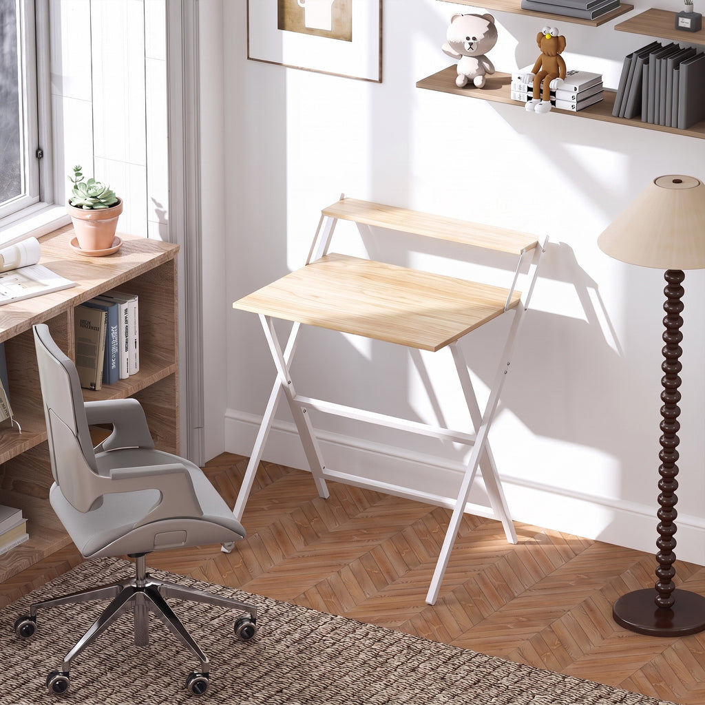 Bureau pliable 65,5 x 45 cm avec étagère de rangement pour chambre, petits espaces, bois naturel-1