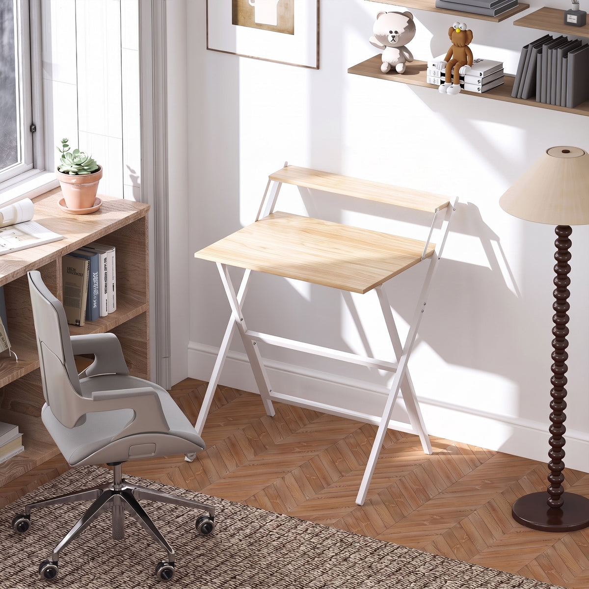 Bureau pliable 65,5 x 45 cm avec étagère de rangement pour chambre, petits espaces, bois naturel-1