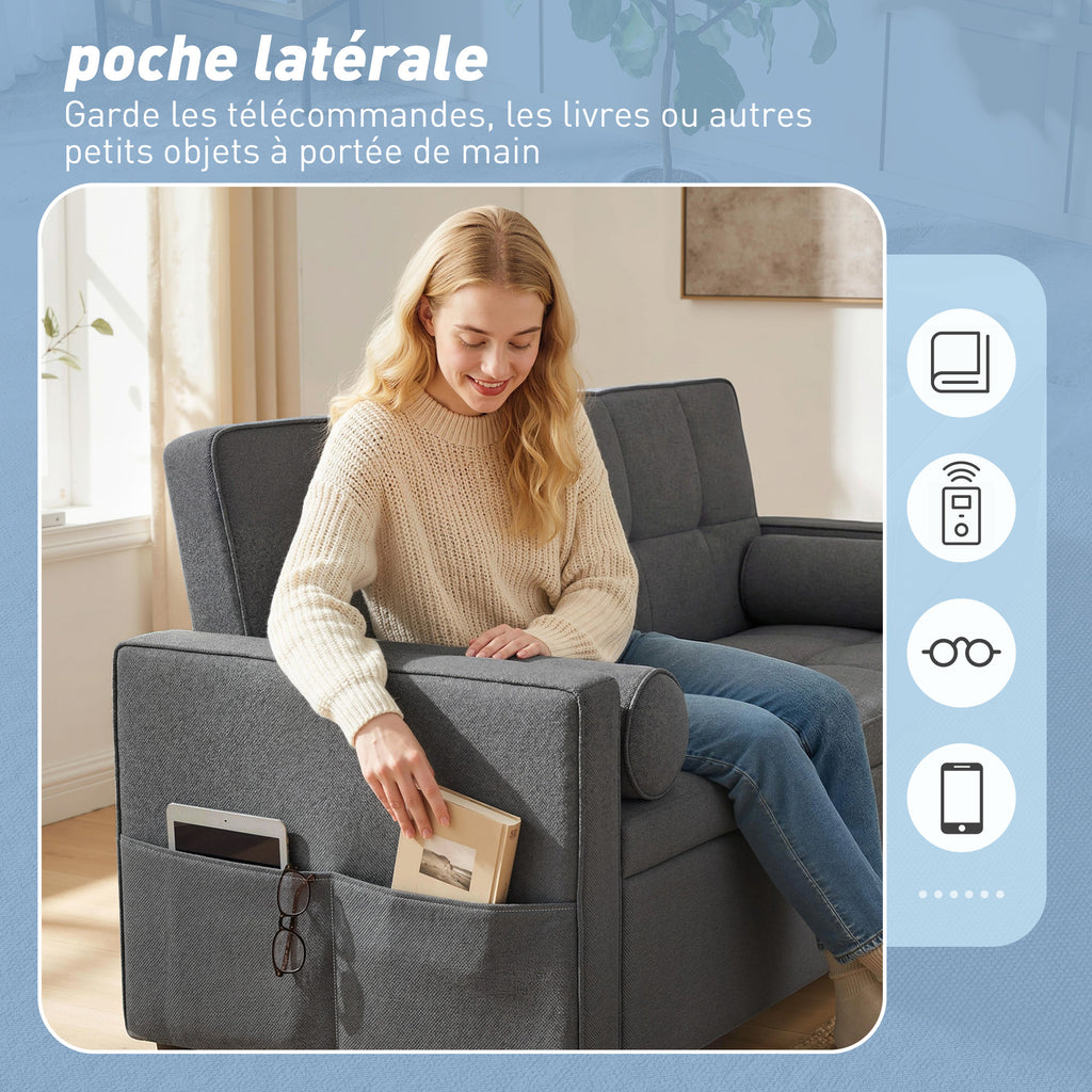 Canapé convertible 2 places 3 en 1 canapé-lit avec lit gigogne double dossier réglable 2 coussins 80,5x137,5x84cm gris-6