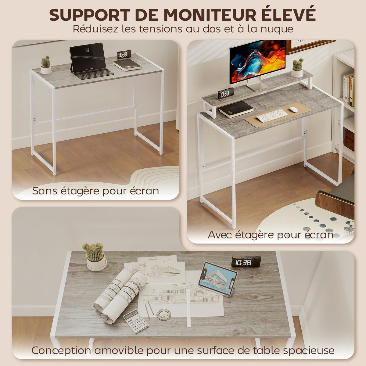 Bureau d'ordinateur pliable avec support d'écran, pour chambre, petits espaces, 100 x 48 x 87,5 cm, bois naturel-4