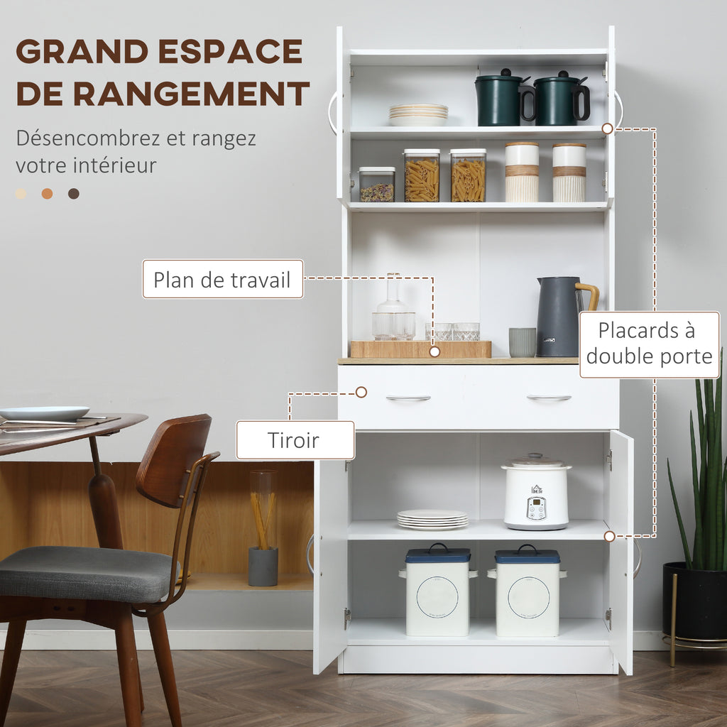 Buffet haut cuisine, armoire de cuisine, 4 portes, tiroir, plan de travail et étagères réglables, 80x40x180cm, blanc-3