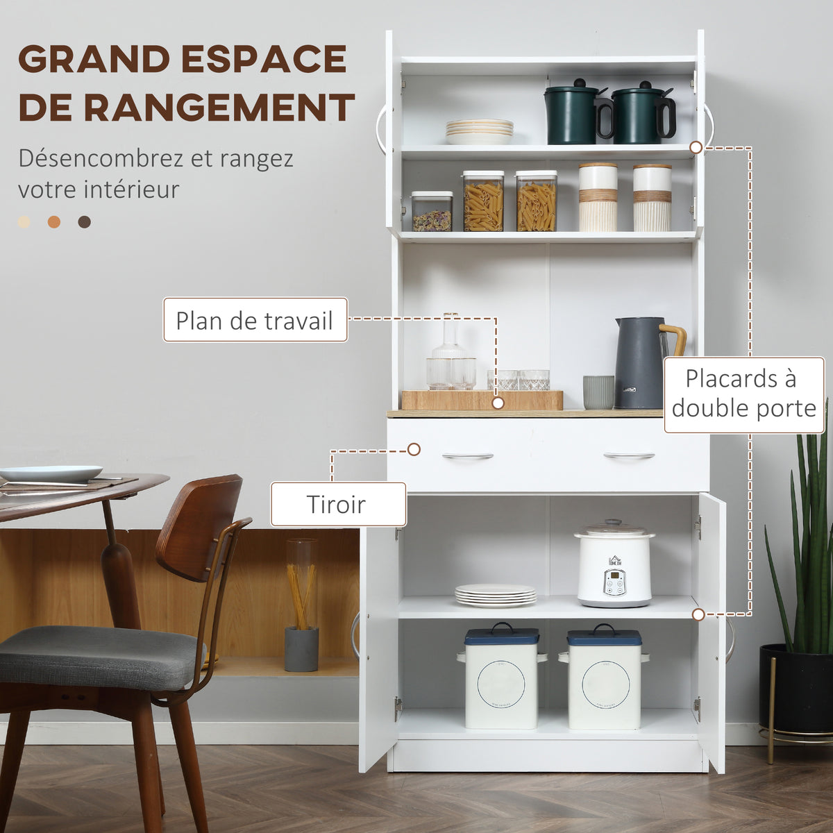 Buffet haut cuisine, armoire de cuisine, 4 portes, tiroir, plan de travail et étagères réglables, 80x40x180cm, blanc-3