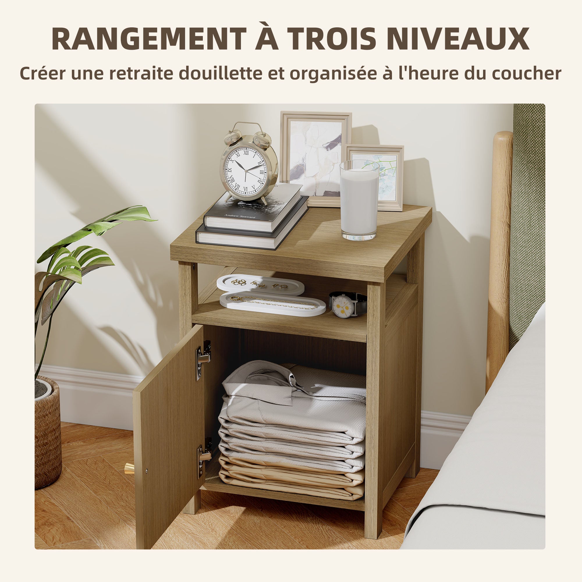 Lot de 2 tables de chevet étroite table d'appoint compartiment ouvert placard finition en rotin, 40 x 35 x 55 cm marron-4