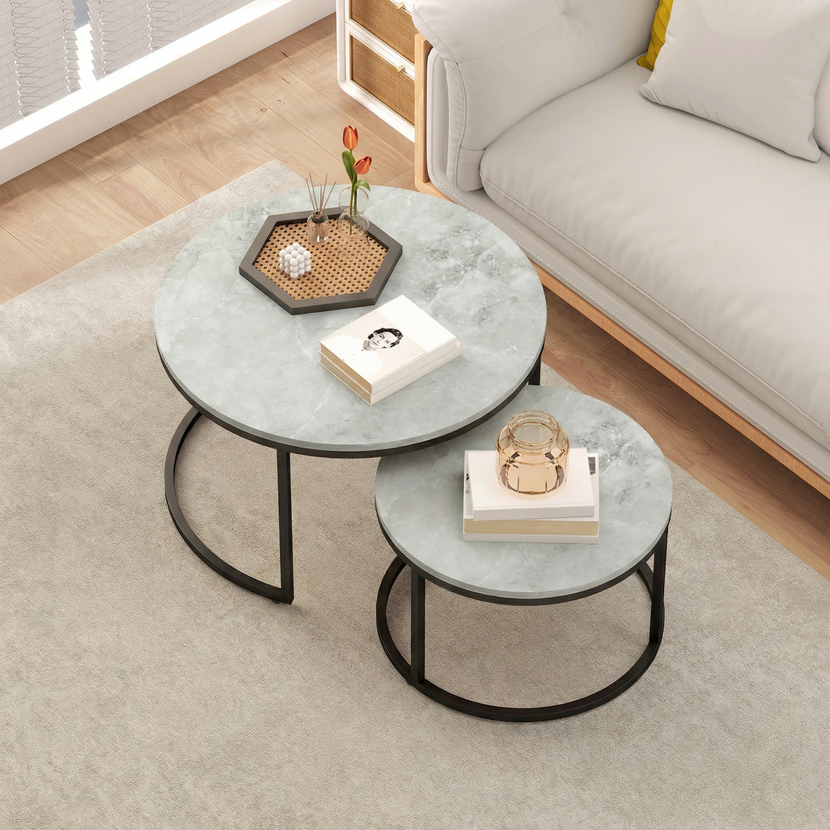 Lot de 2 tables basses gigognes empilable design industriel pieds en métal gris-7