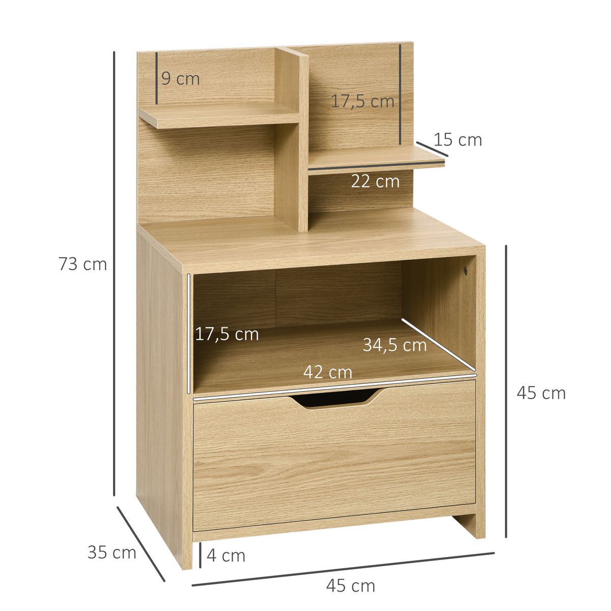 Table de chevet table de nuit avec tiroir, niche et étagères de rangement effet bois 45 x 35 x 73 cm naturel-2