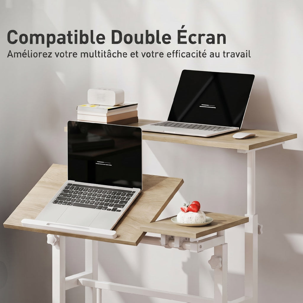Bureau assis debout bureau réglable en hauteur 70 x 60 cm à roulettes avec plateau inclinable cadre en métal marron-6