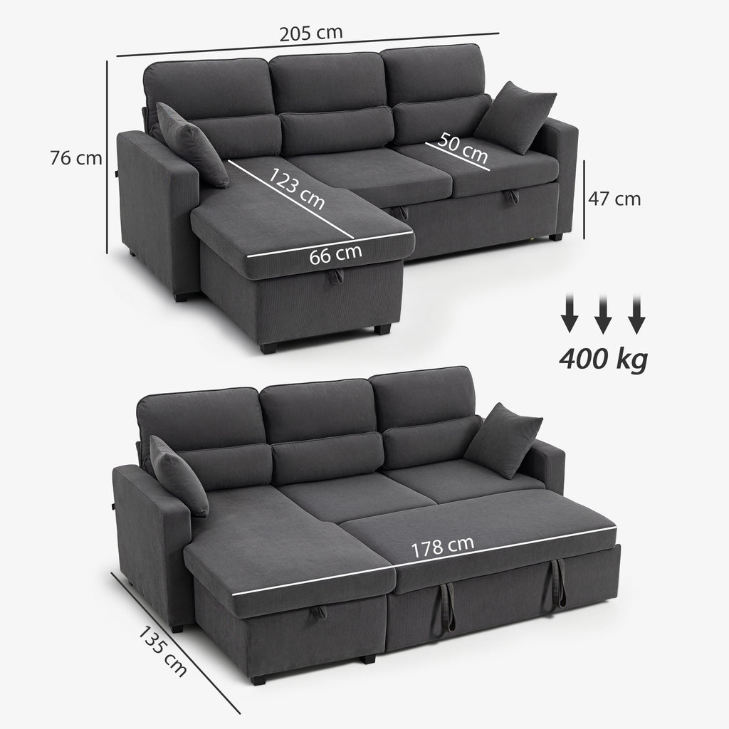 Canapé d'angle convertible en velours côtelé, canapé-lit 3 places avec rangement caché, coussins, 205x135x76cm, gris-2