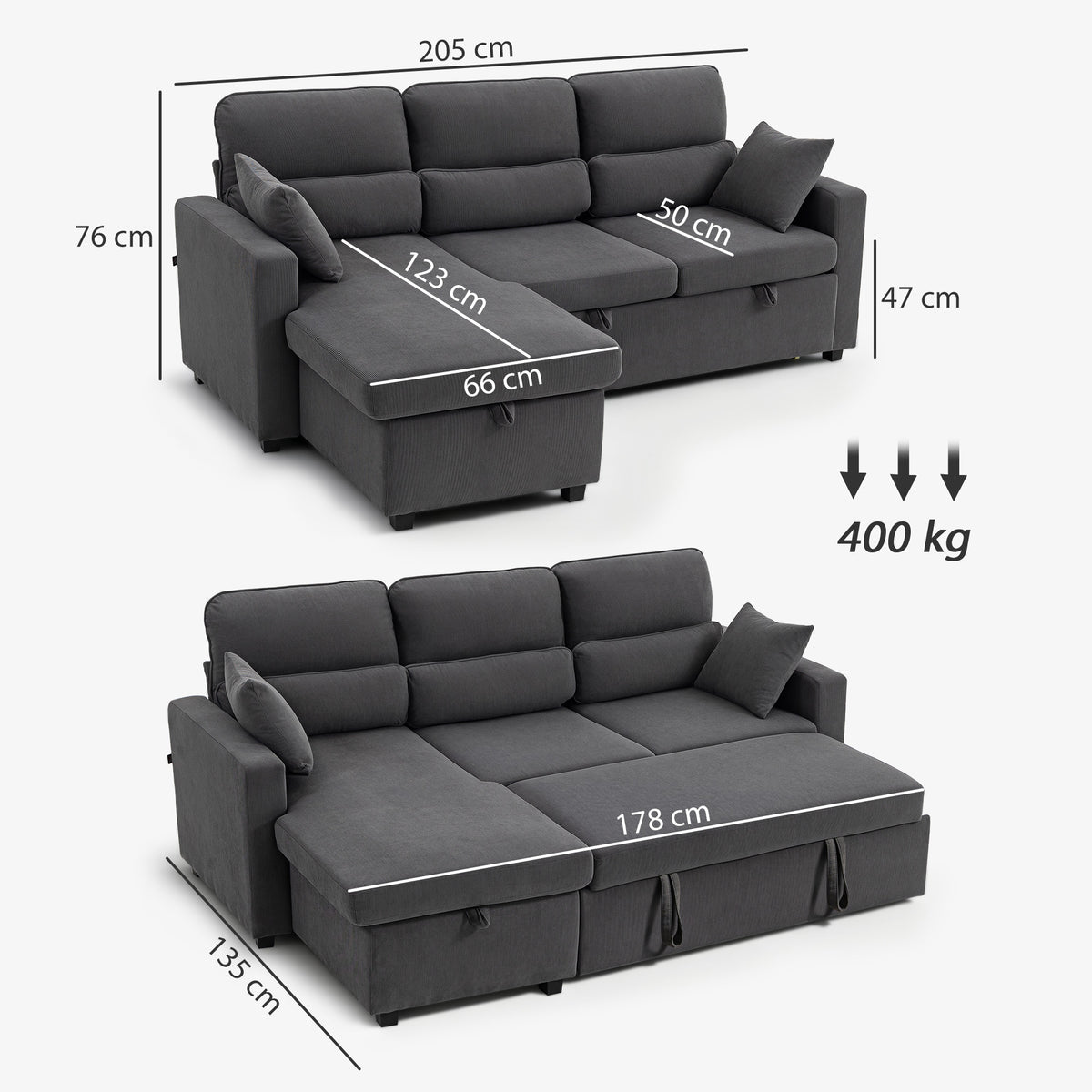 Canapé d'angle convertible en velours côtelé, canapé-lit 3 places avec rangement caché, coussins, 205x135x76cm, gris-2