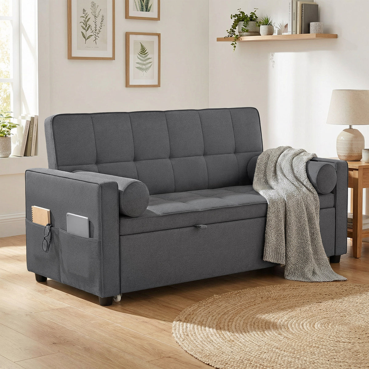Canapé convertible 2 places 3 en 1 canapé-lit avec lit gigogne double dossier réglable 2 coussins 80,5x137,5x84cm gris-1