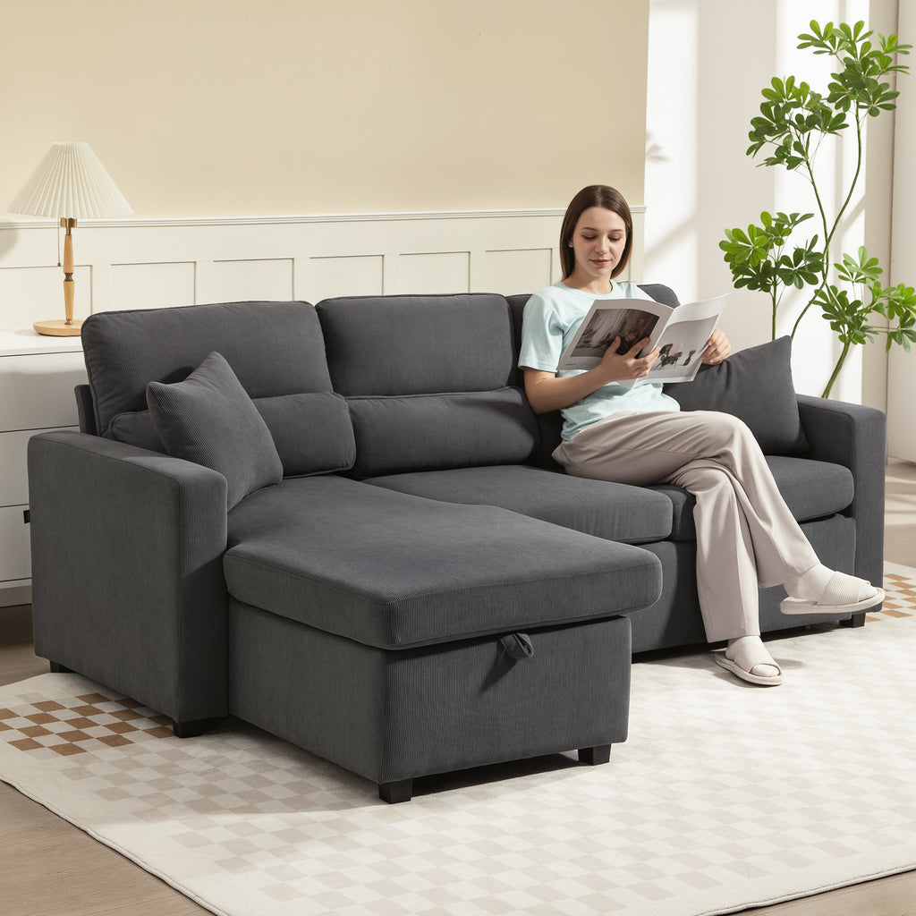 Canapé d'angle convertible en velours côtelé, canapé-lit 3 places avec rangement caché, coussins, 205x135x76cm, gris-1