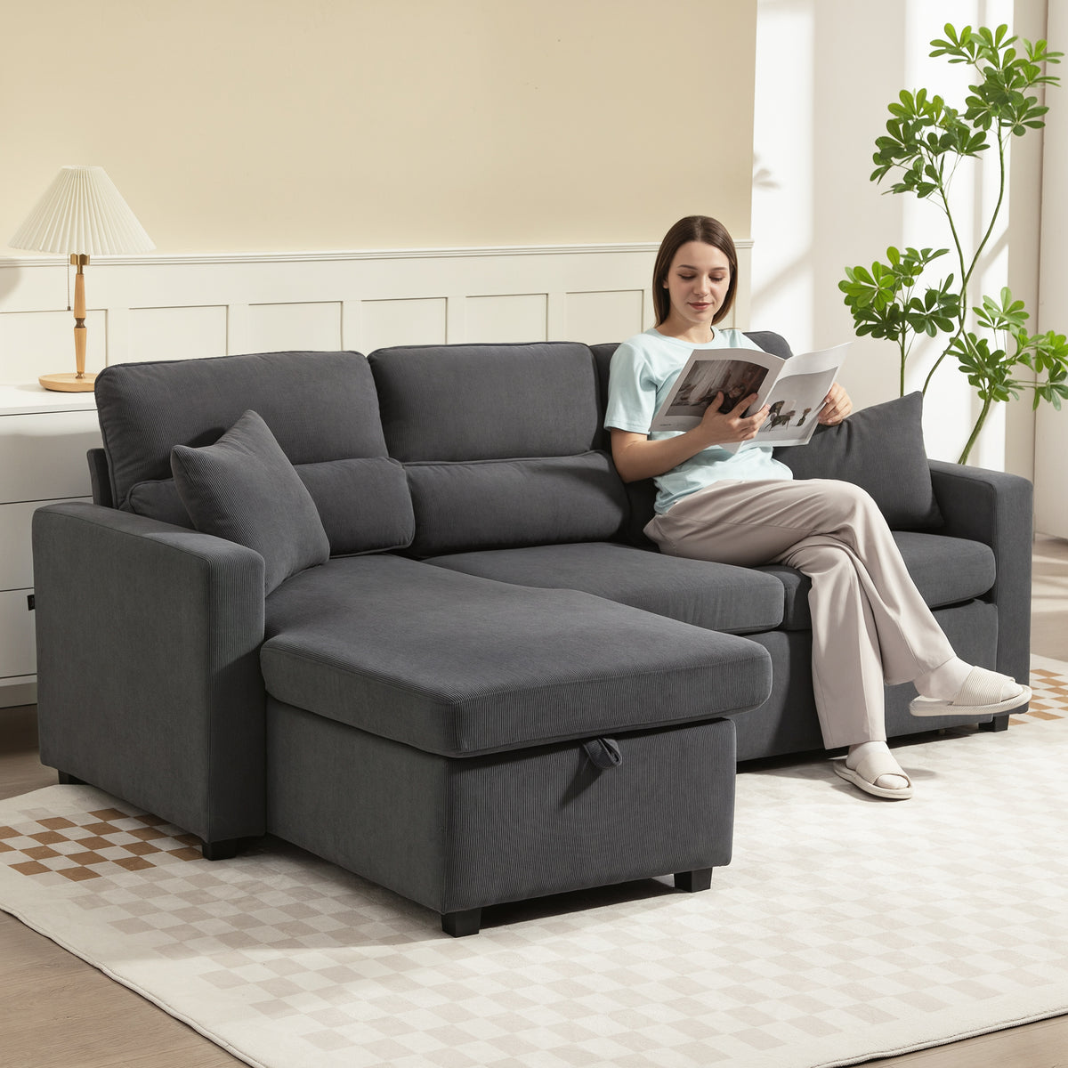 Canapé d'angle convertible en velours côtelé, canapé-lit 3 places avec rangement caché, coussins, 205x135x76cm, gris-1