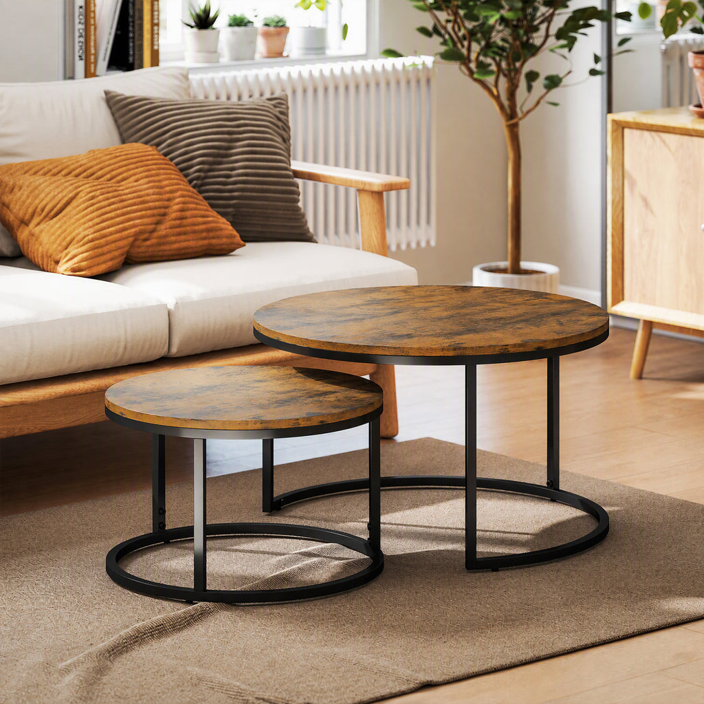 Lot de 2 tables basses gigognes empilable design industriel plateau imitation ciment pieds en métal brun rustique-1