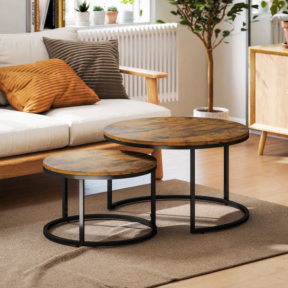 Lot de 2 tables basses gigognes empilable design industriel plateau imitation ciment pieds en métal brun rustique-1