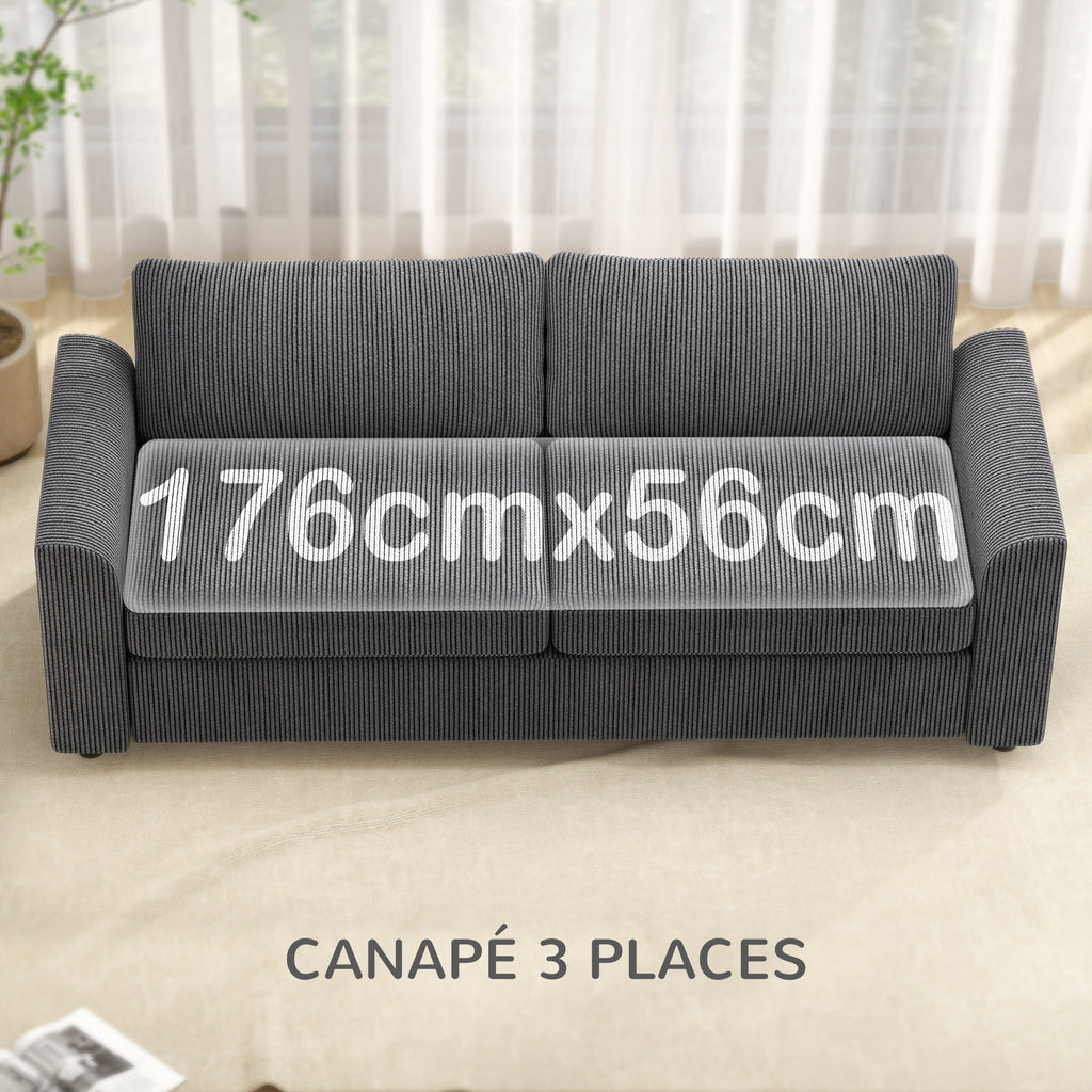 Canapé 3 places 212 cm avec 2 coussins à ressorts, tissu velours côtelé, pour salon, chambre, bureau à domicile, gris foncé-3