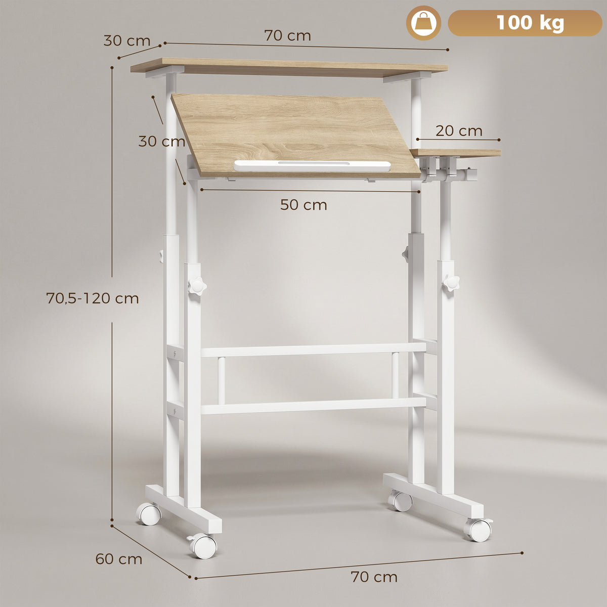 Bureau assis debout bureau réglable en hauteur 70 x 60 cm à roulettes avec plateau inclinable cadre en métal marron-2