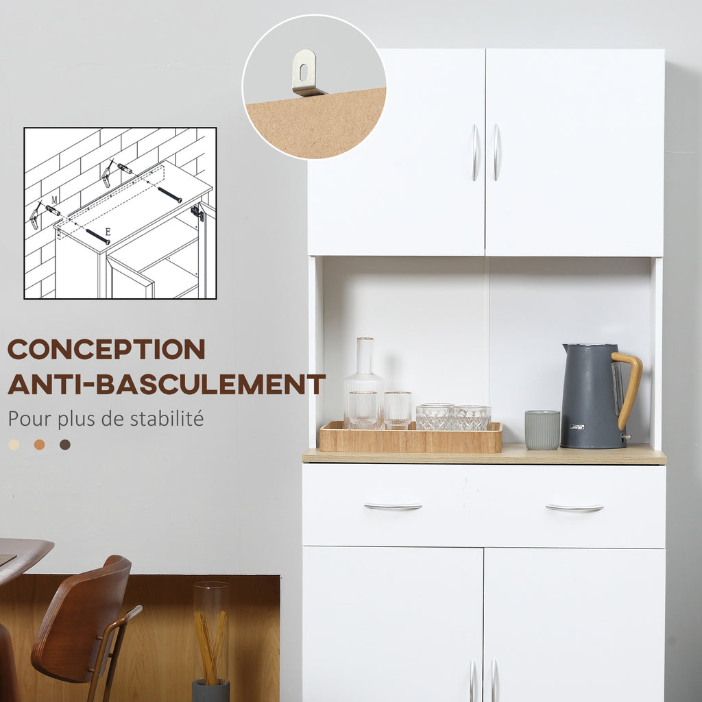 Buffet haut cuisine, armoire de cuisine, 4 portes, tiroir, plan de travail et étagères réglables, 80x40x180cm, blanc-6