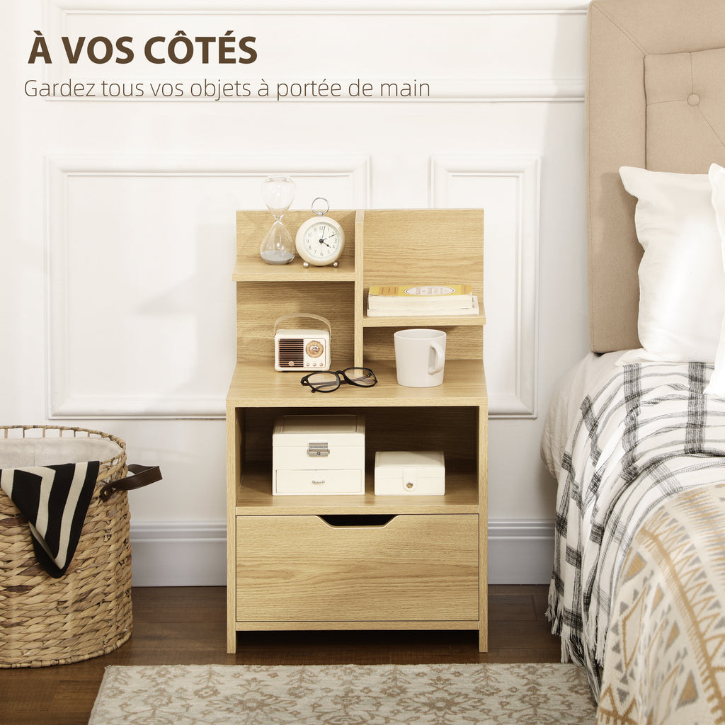 Table de chevet table de nuit avec tiroir, niche et étagères de rangement effet bois 45 x 35 x 73 cm naturel-3