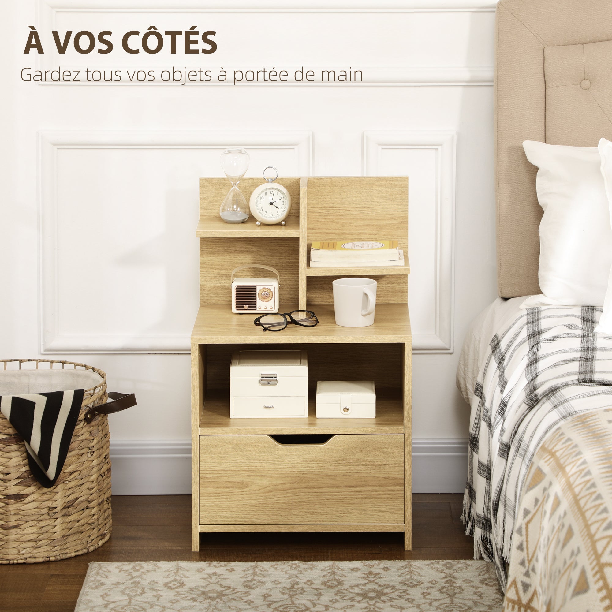 Table de chevet table de nuit avec tiroir, niche et étagères de rangement effet bois 45 x 35 x 73 cm naturel-3