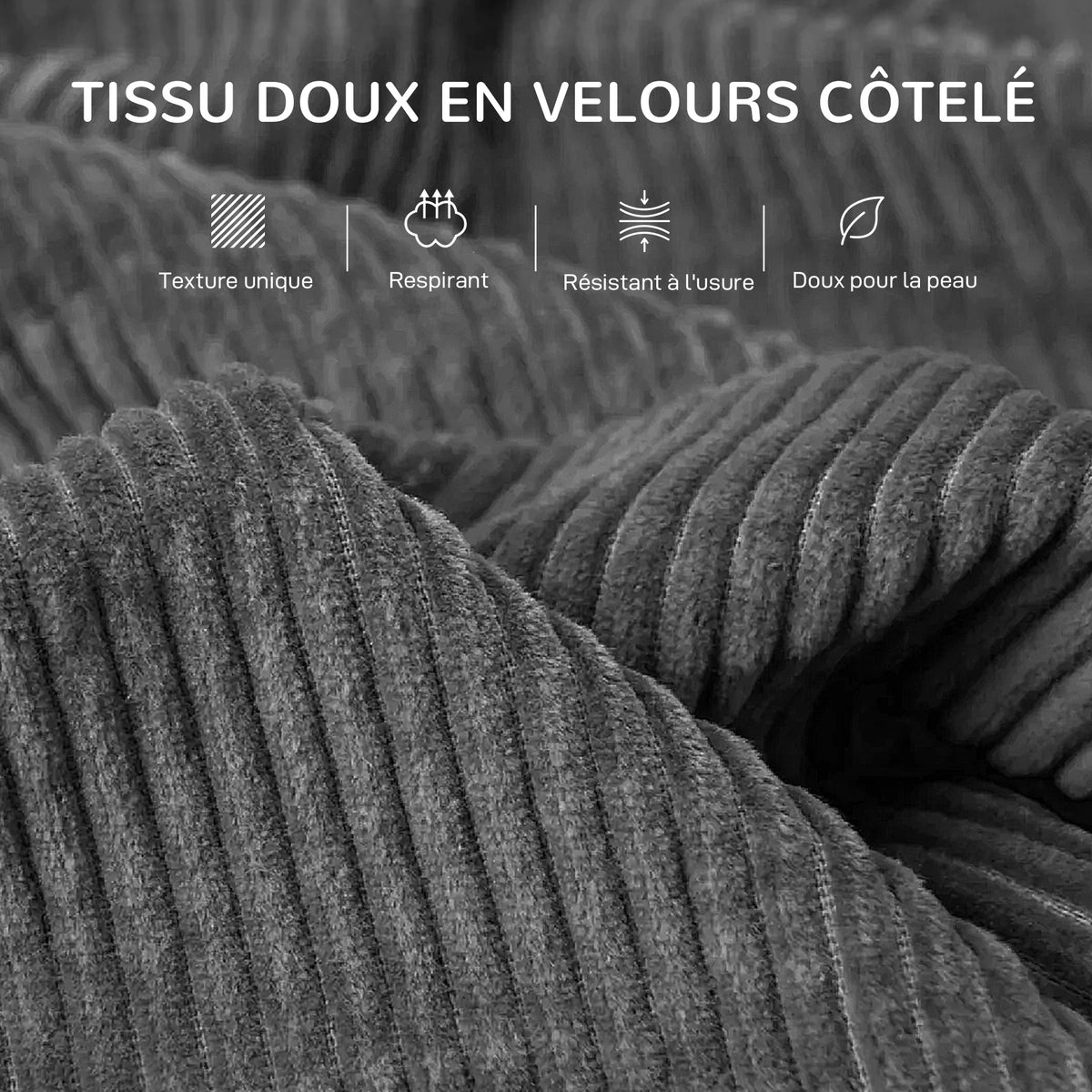 Canapé 3 places 212 cm avec 2 coussins à ressorts, tissu velours côtelé, pour salon, chambre, bureau à domicile, gris foncé-5